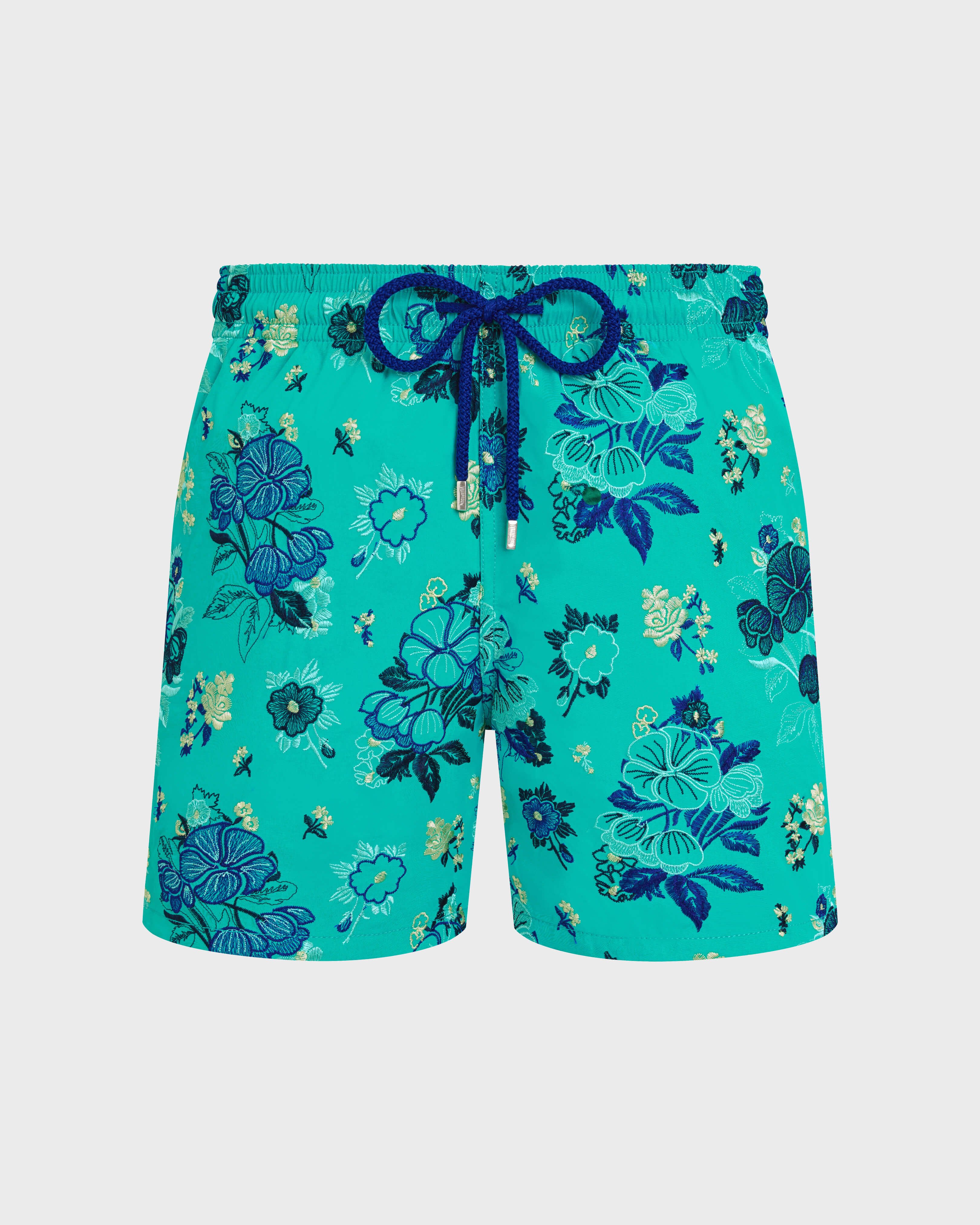 Men Swim Shorts Embroidered Flowers - Limited Edition DISCO GREEN front view