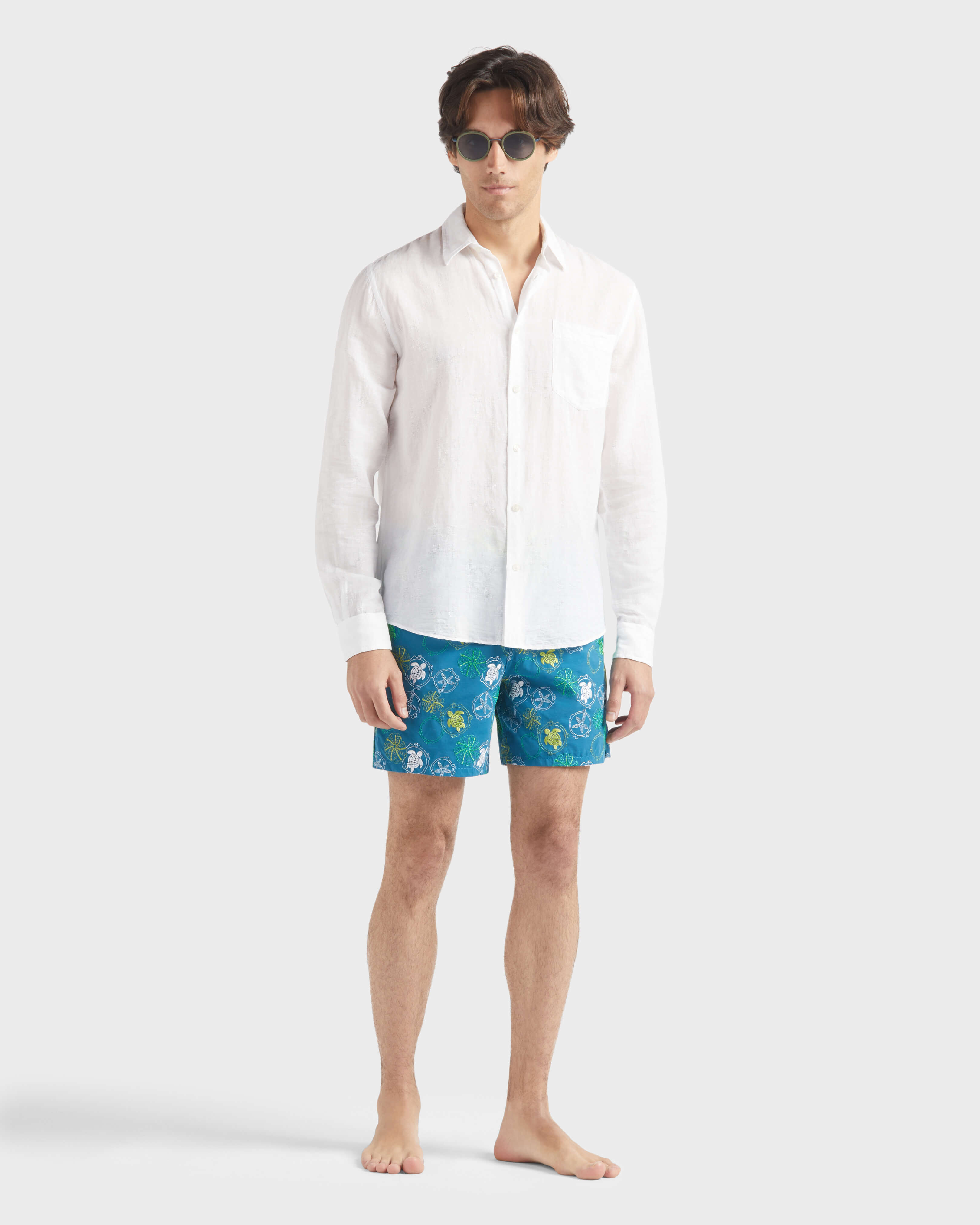 Men Linen and Cotton Shirt Jacquard Turtle Monogram WHITE supp1 view