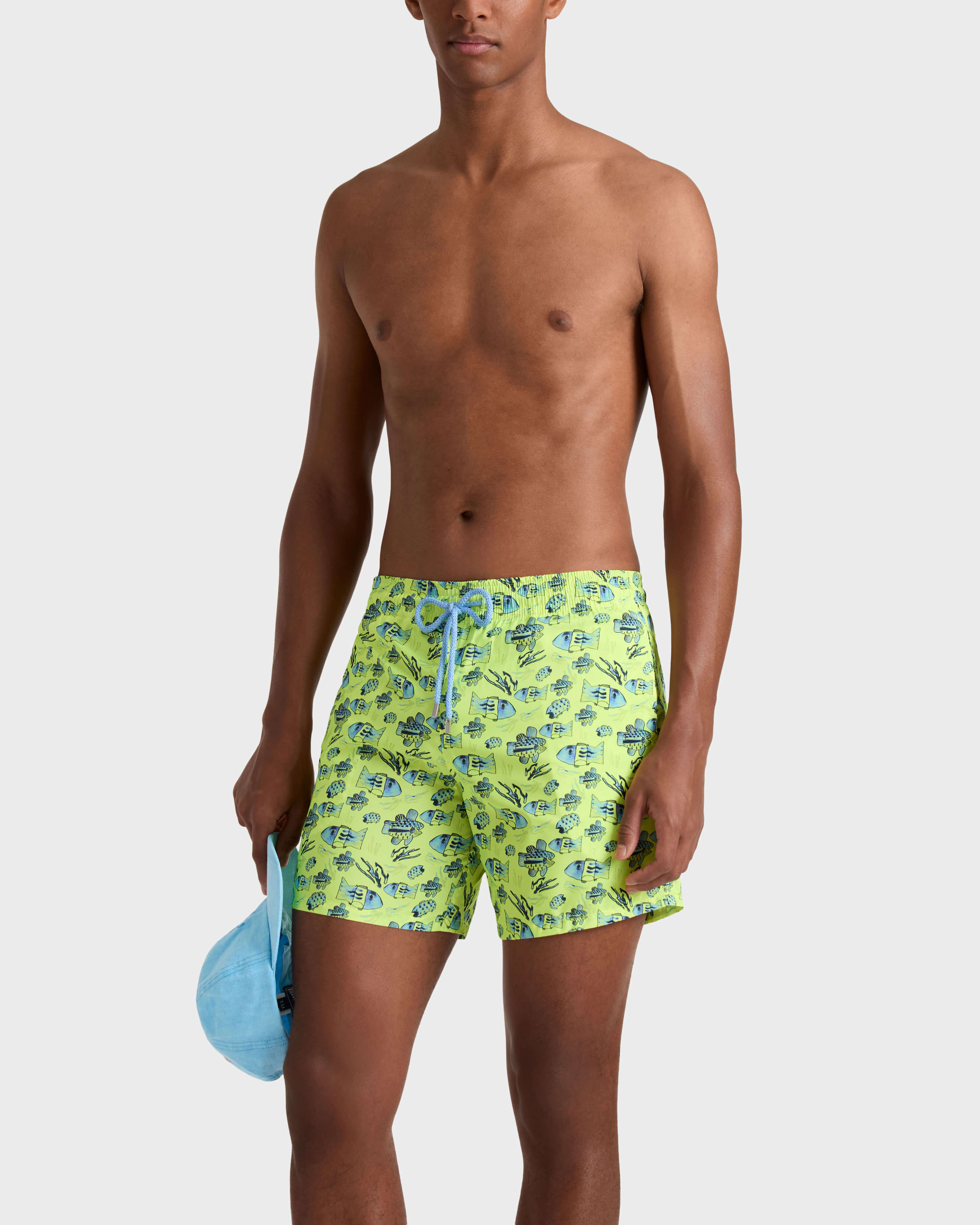 Men Ultra-light and packable Swim Shorts Fishies Drawing NEON YELLOW frontworn view