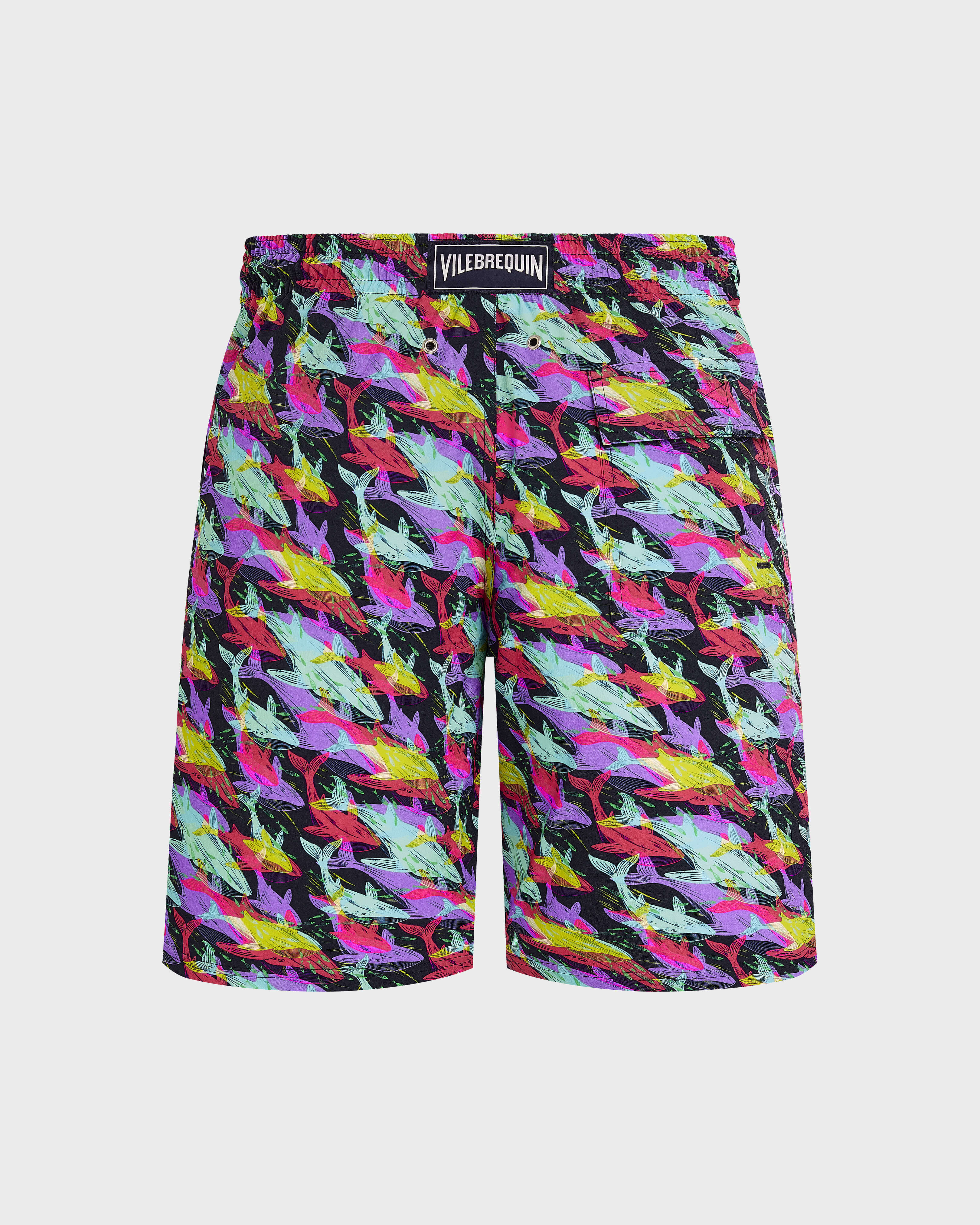 Lange Whales Offset Stretch-Badeshorts für Herren MARINEBLAU back view