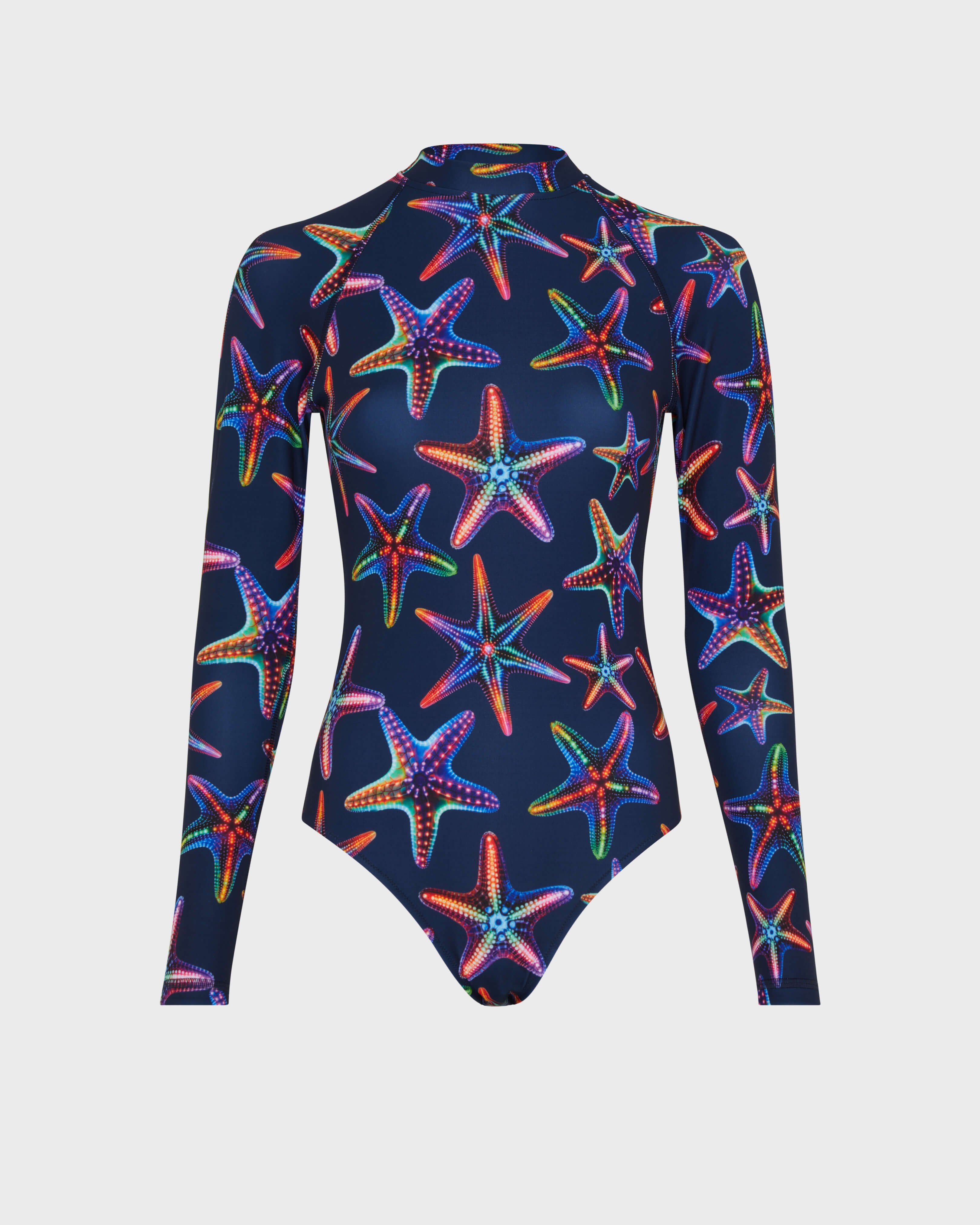 Women UV Protection One-piece Rashguard Disco Stars NAVY front view