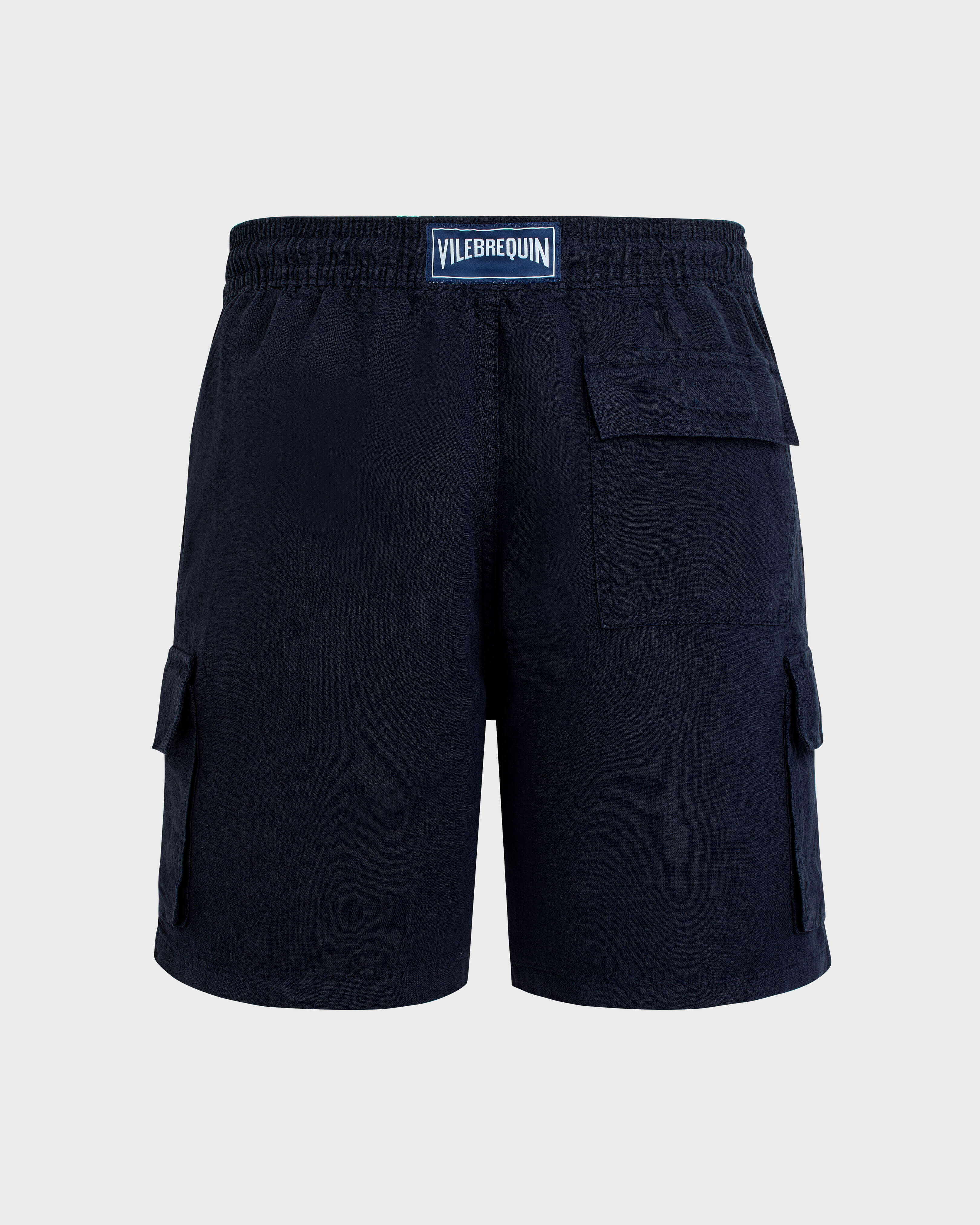 Men Linen Bermuda Shorts Cargo Pockets NAVY back view