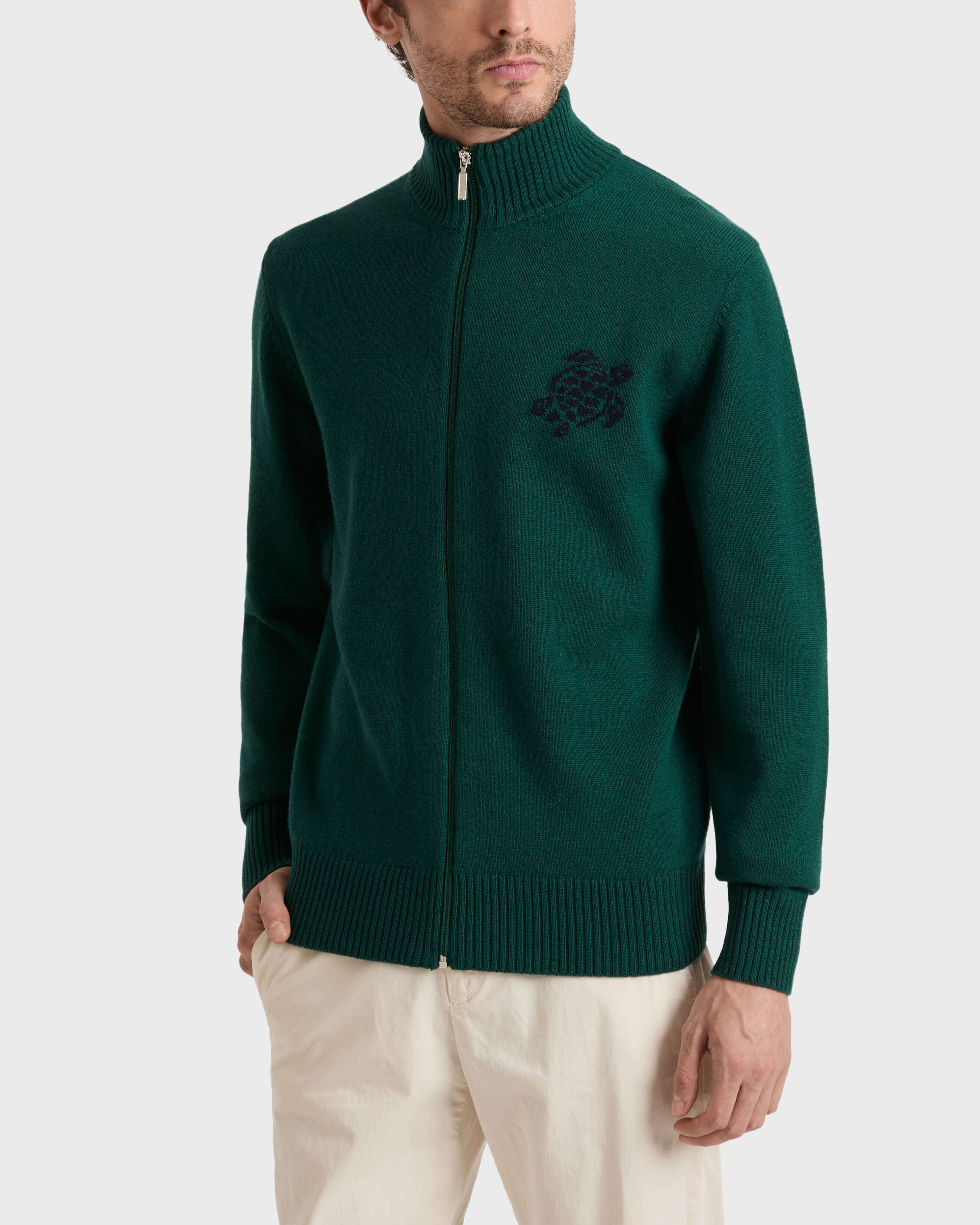 Sudadera de lana y cachemir con cremallera integral y estampado Turtle para hombre TROPICAL frontworn view