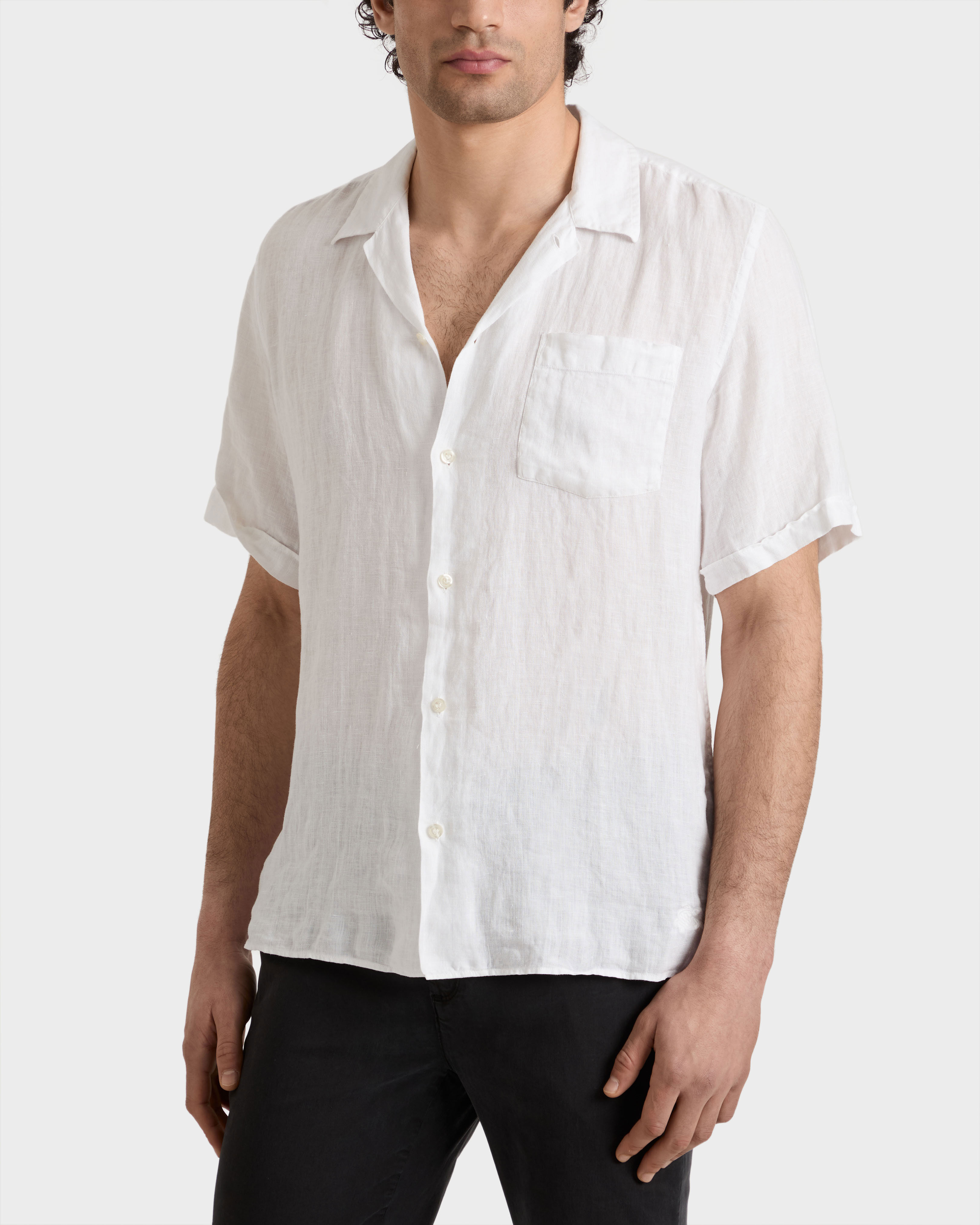 Chemise bowling en lin unie BLANC frontworn view