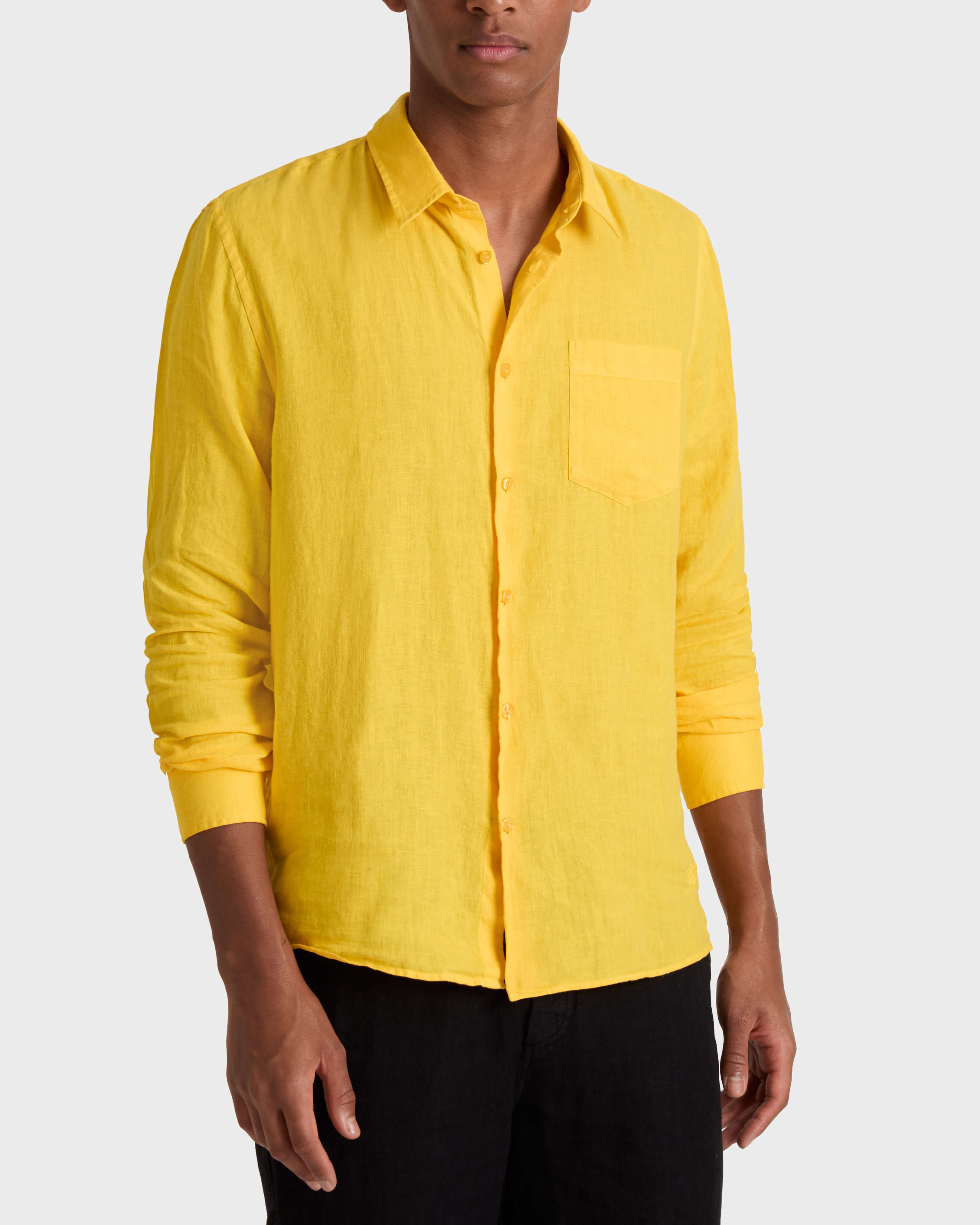 Men Linen Shirt Solid CORN frontworn view
