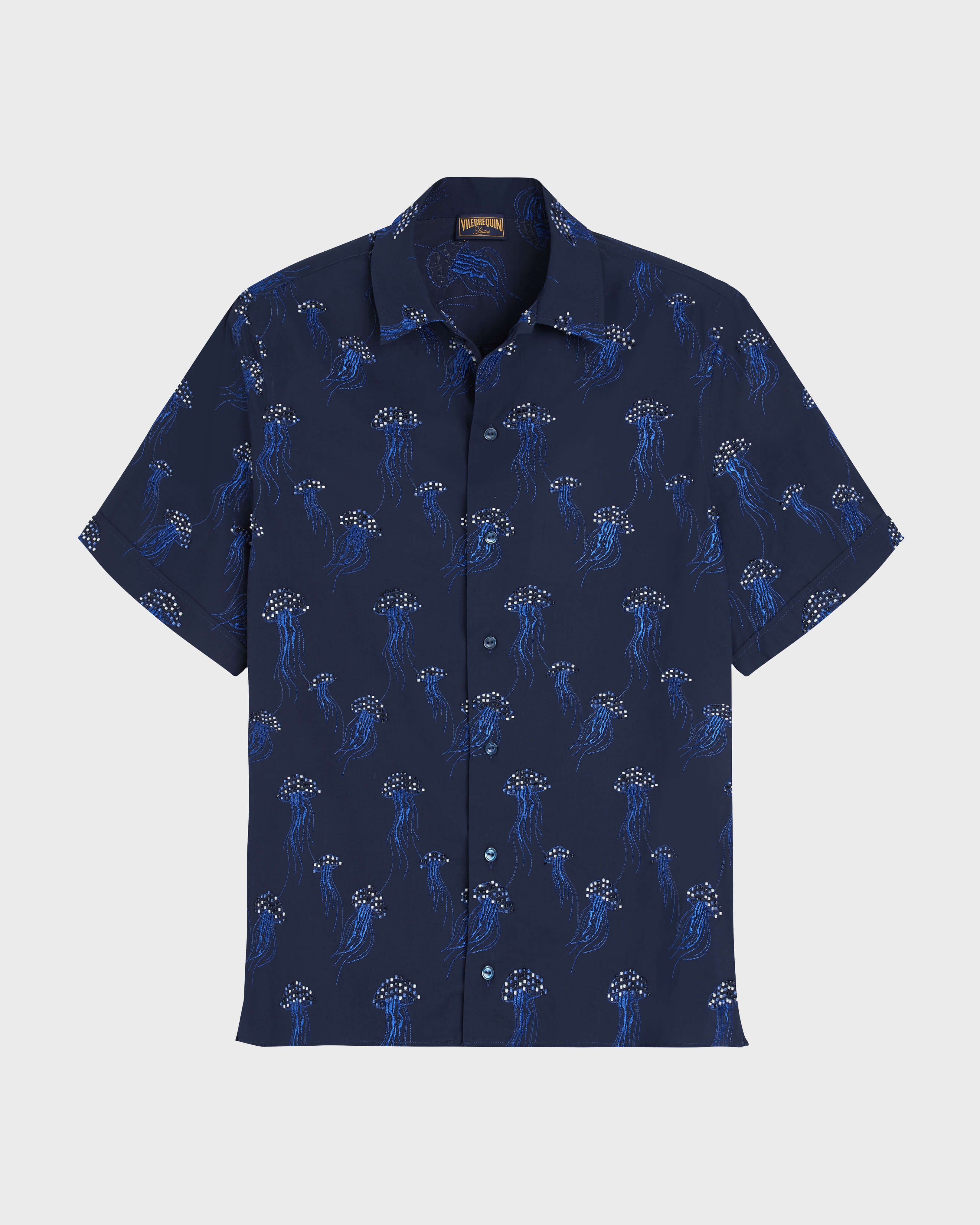 Camisa de manga corta en velo de algodón Medusas bordadas con abalorios hombre - Collection Limited AZUL MARINO front view