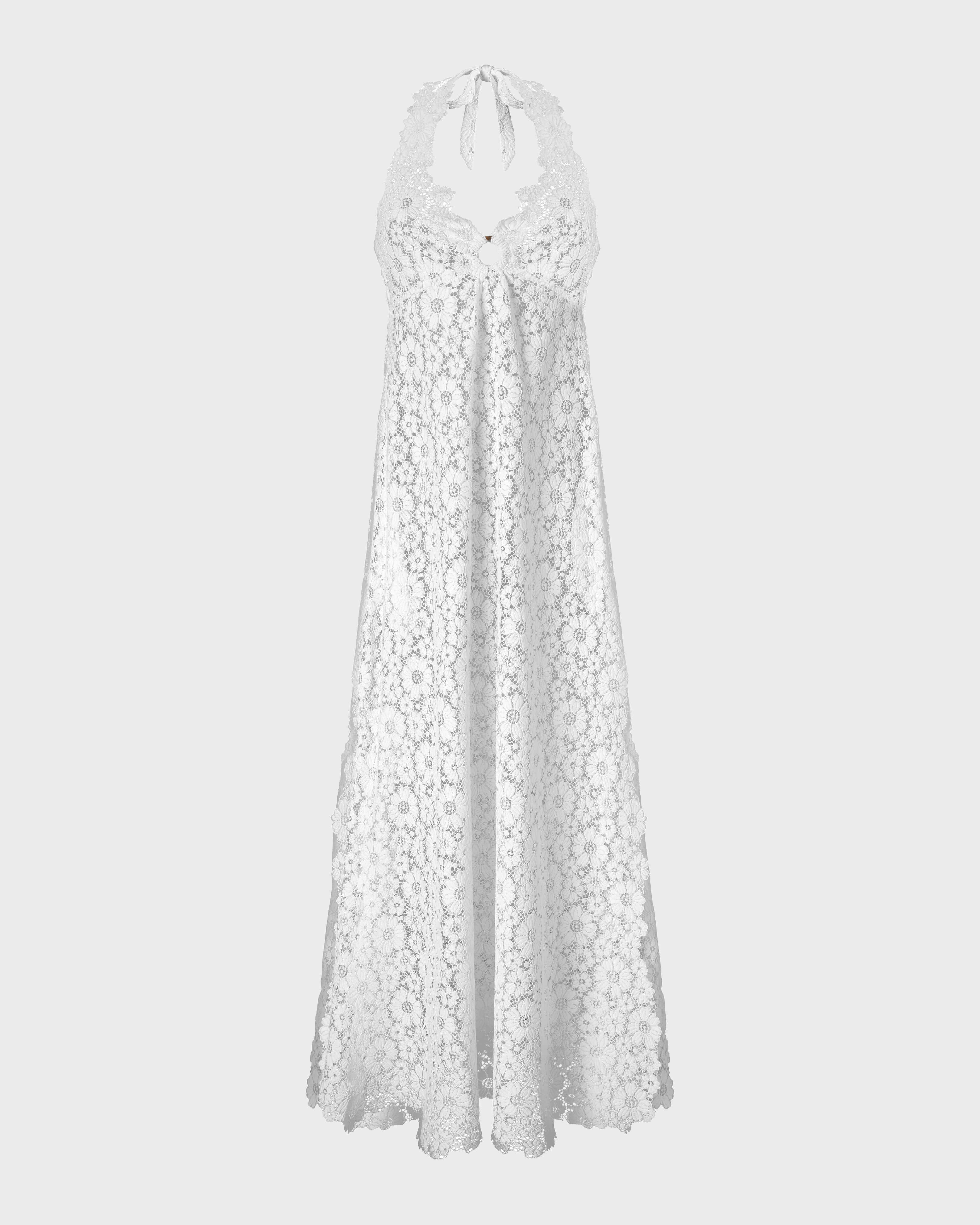 Vestido largo con la espalda al aire en guipur floral mujer - Collection Limited BLANCO front view