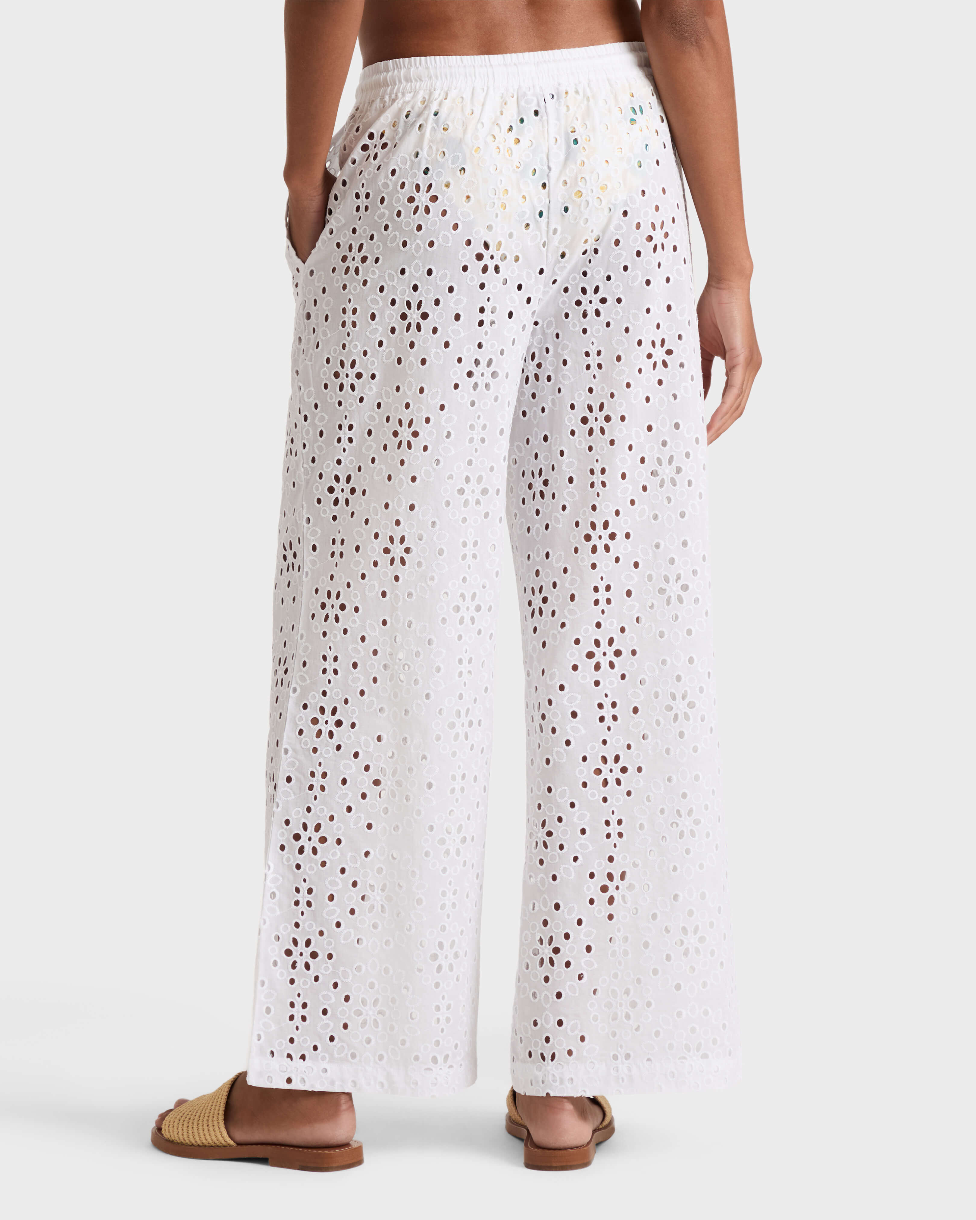 Pantaloni fluidi in pizzo sangallo floreale donna BIANCO backworn view