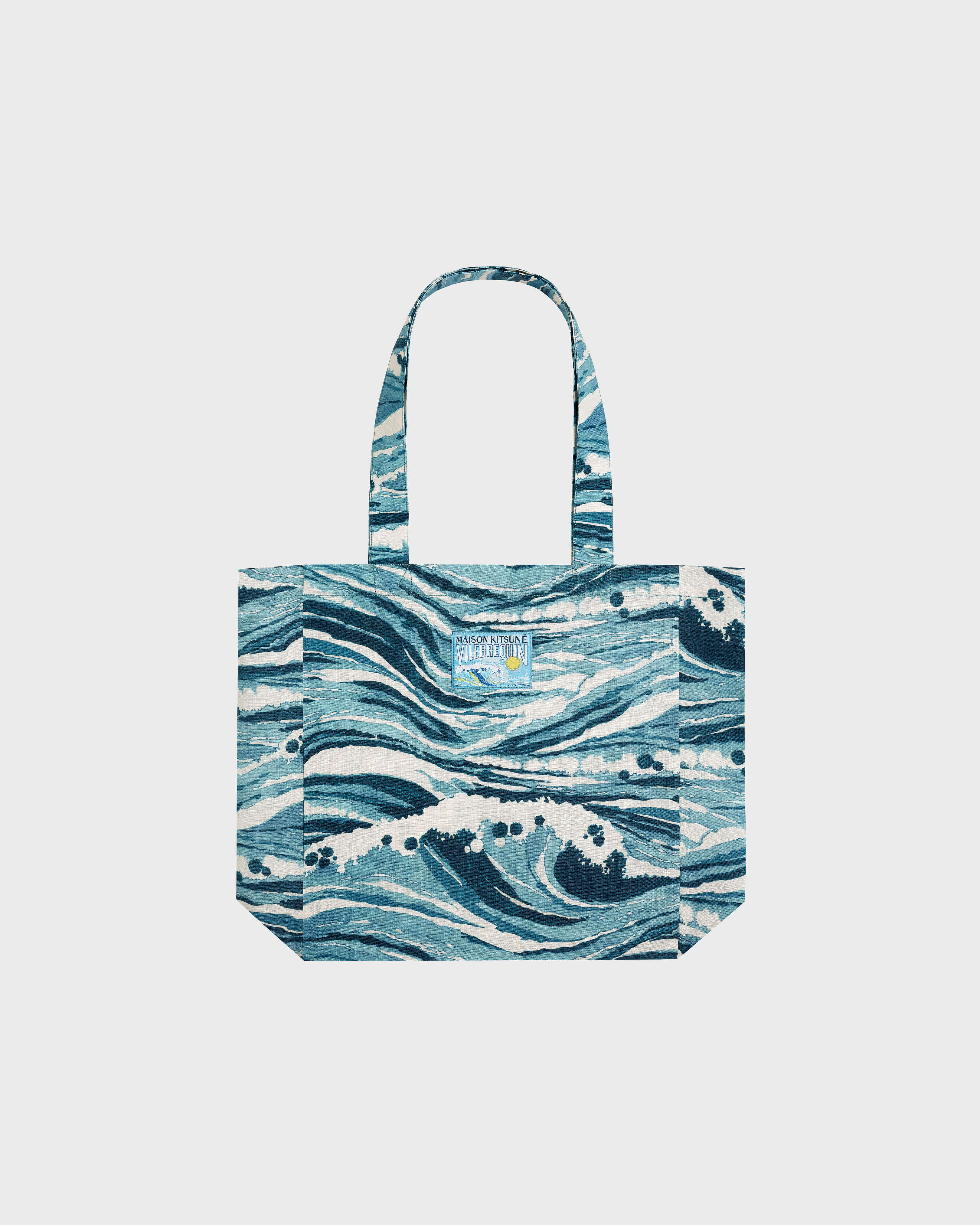 Bolso de playa de algodón con estampado Wave - Vilebrequin x Maison Kitsuné AZUL front view