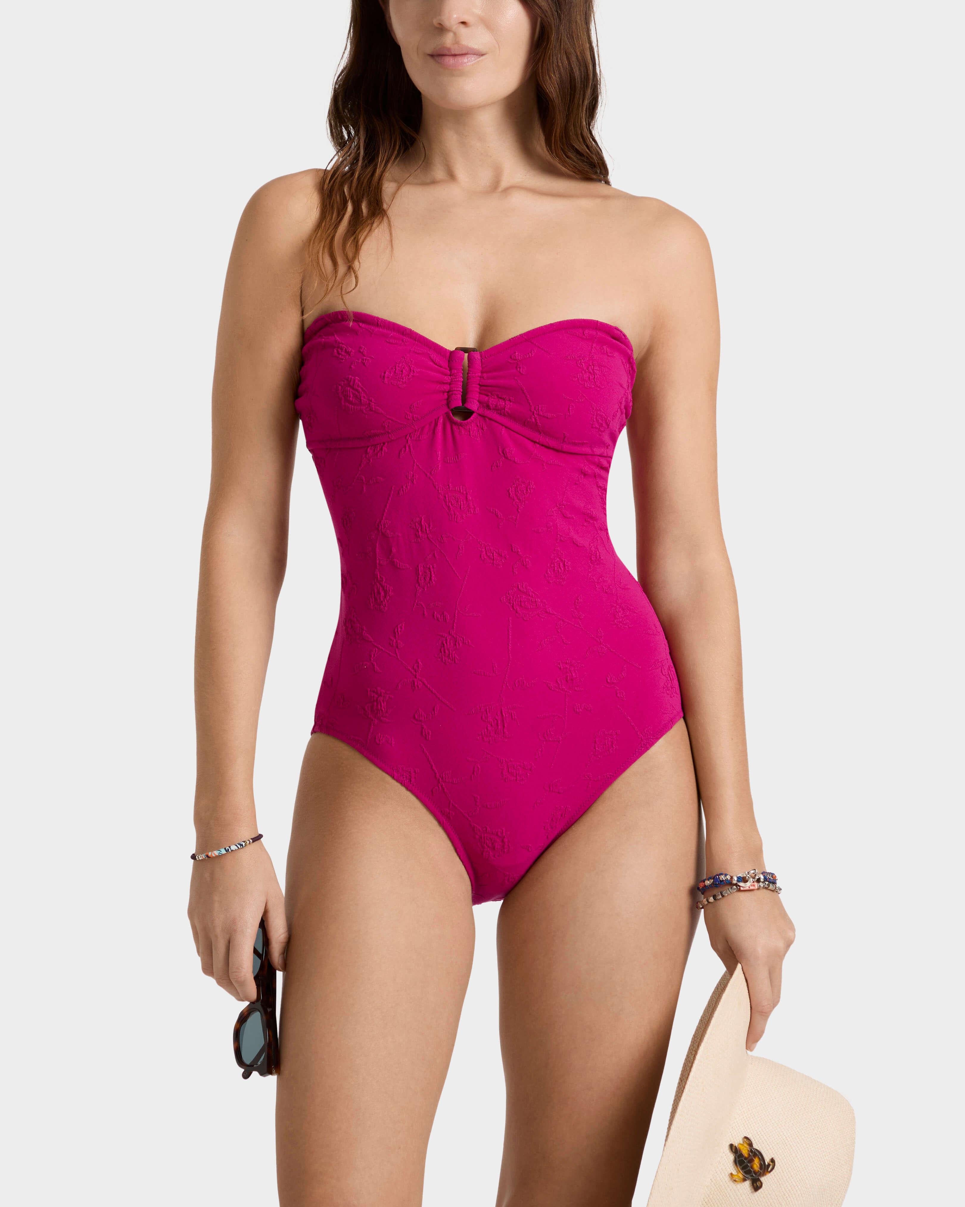 Women Jacquard One-piece Swimsuit Roses - IN STOCK May 12th CRIMSON PURPLE frontworn view