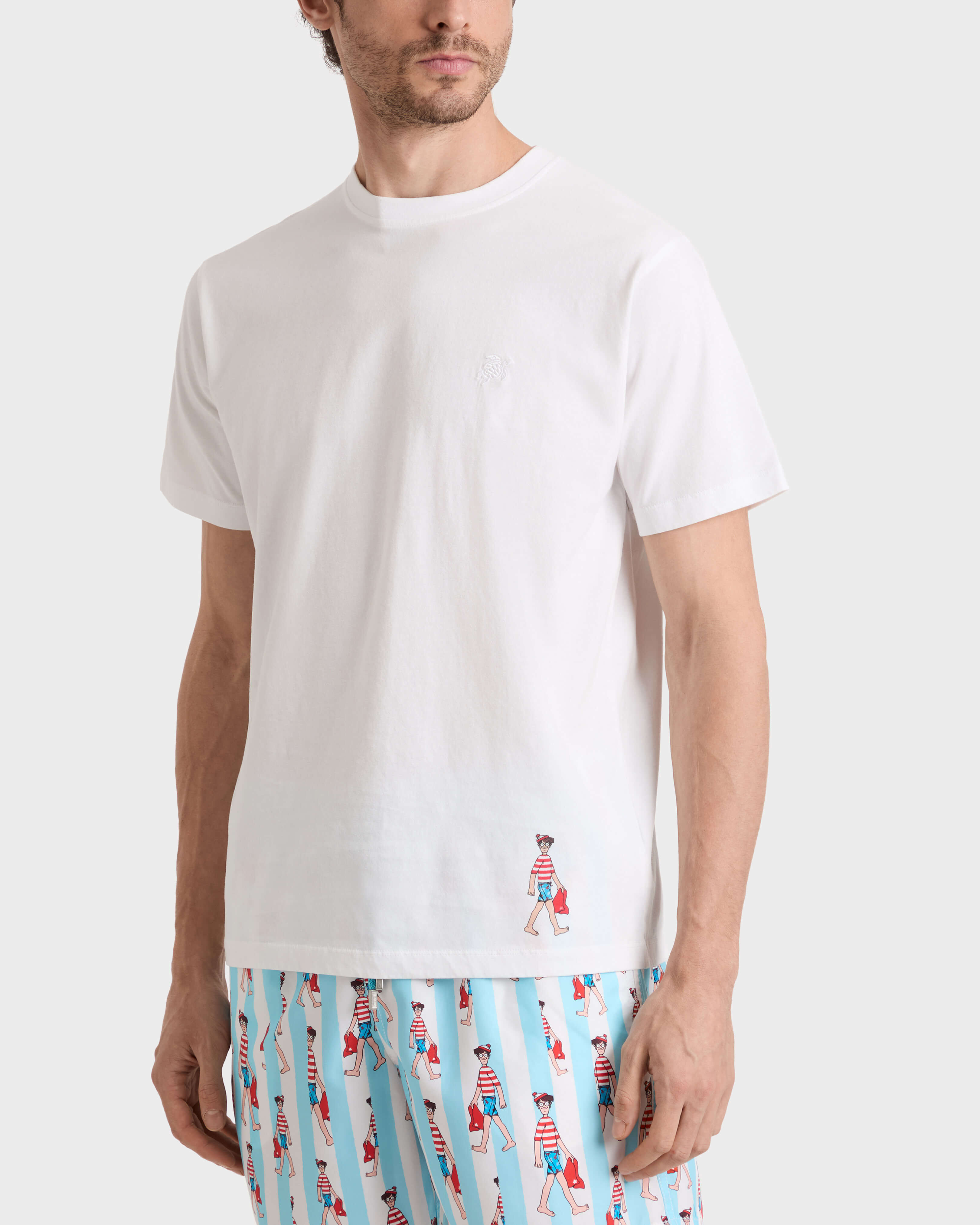 Camiseta de algodón con pequeño Wally para hombre - Vilebrequin x ¿Dónde está Wally? BLANCO frontworn view