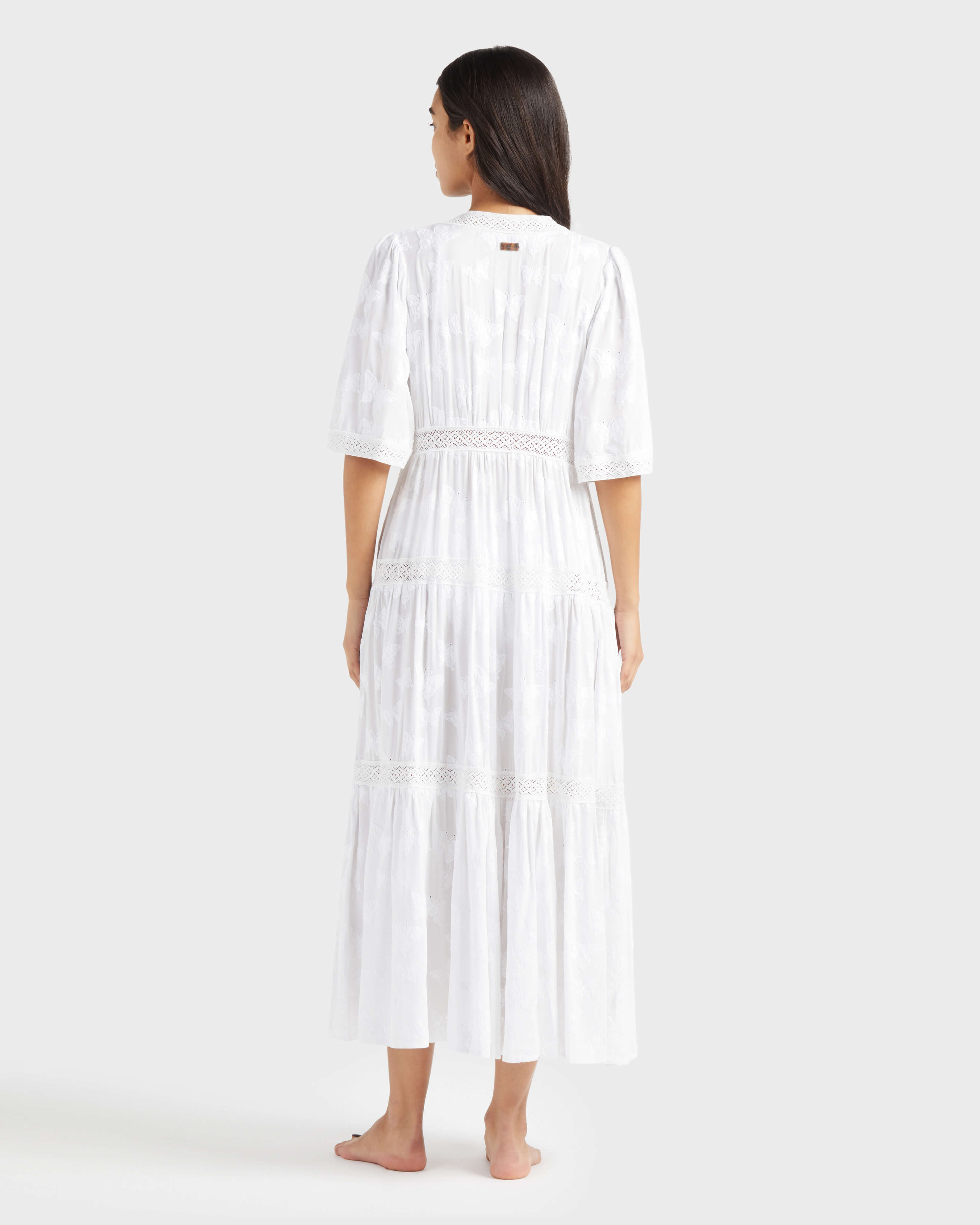 Women Long Viscose Dress Disco Butterflies WHITE backworn view