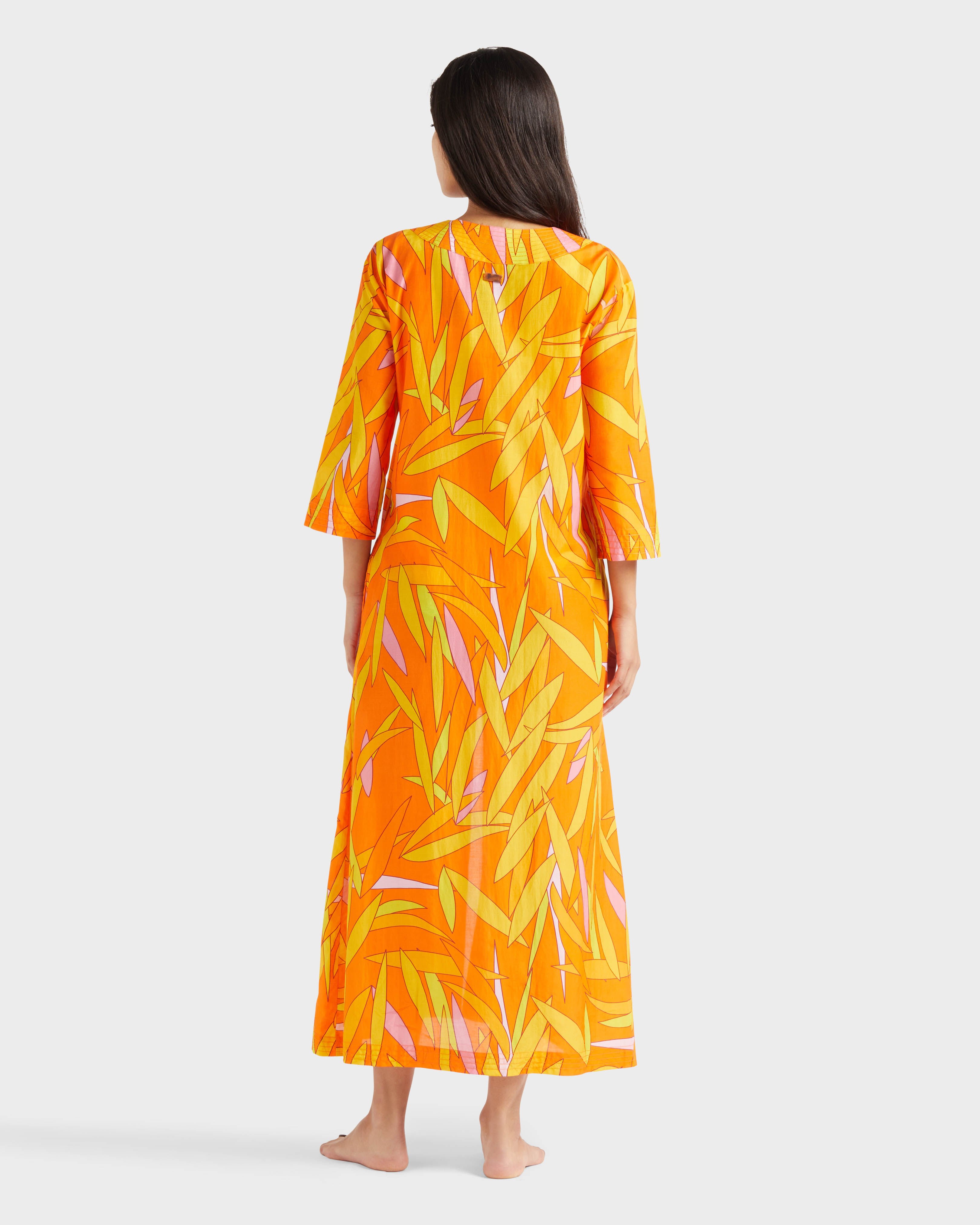 Women Long Cotton and Silk Kaftan Madrague APRICOT backworn view