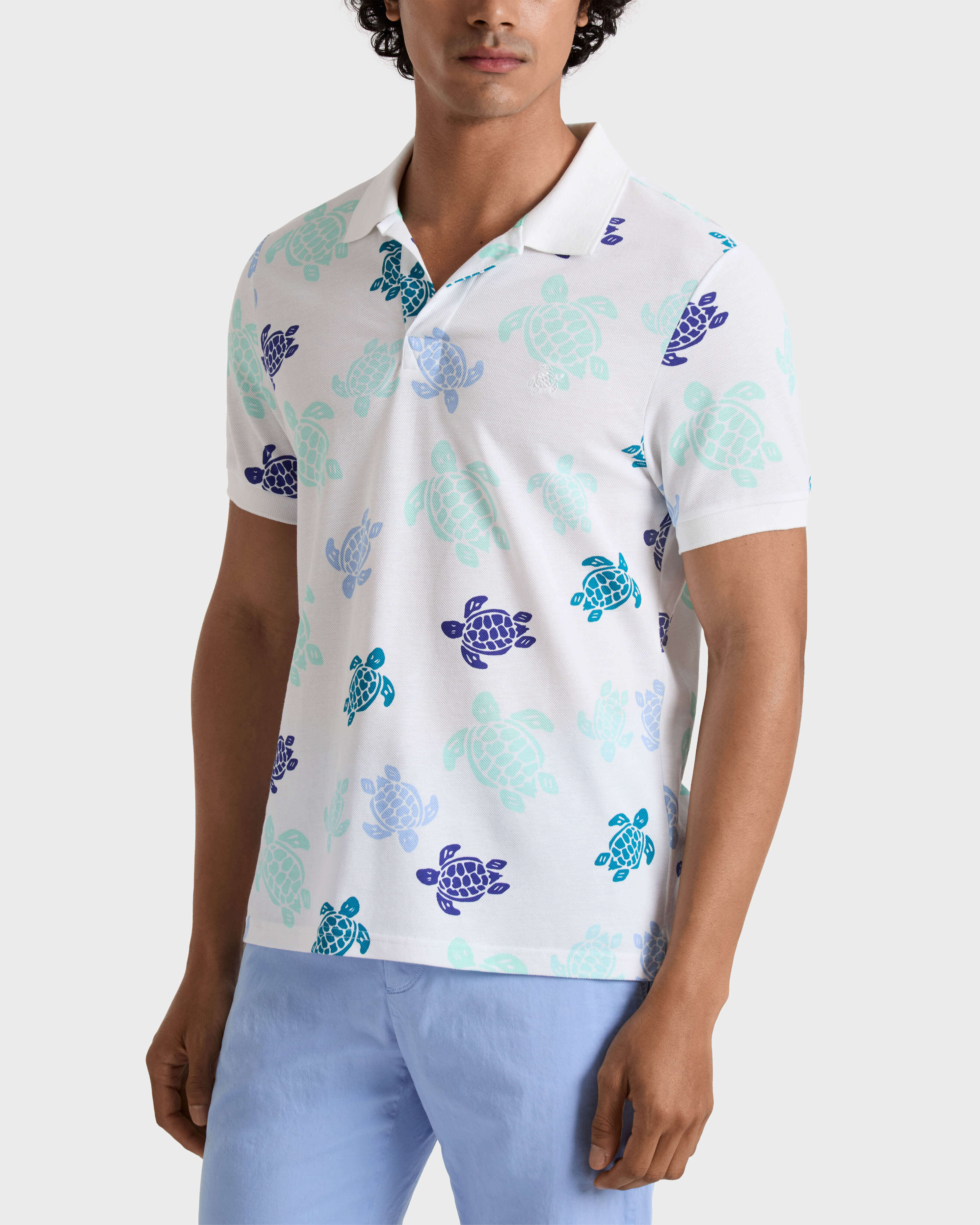 Multicolores Ronde des Tortues Herren-Polohemd aus Baumwollpikee WEISS frontworn view