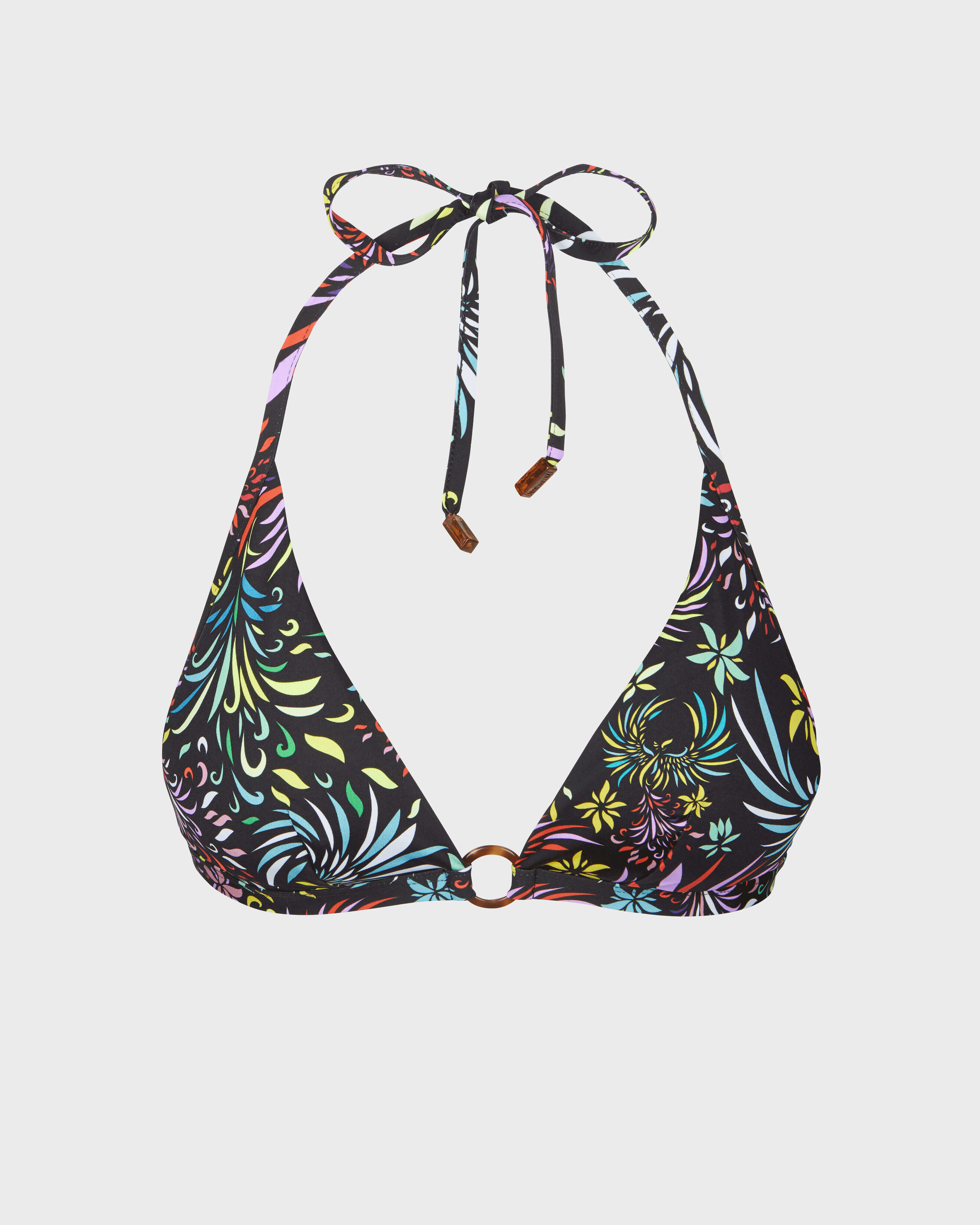 Top de bikini que se anuda al cuello con estampado Evening Birds para mujer NEGRO front view