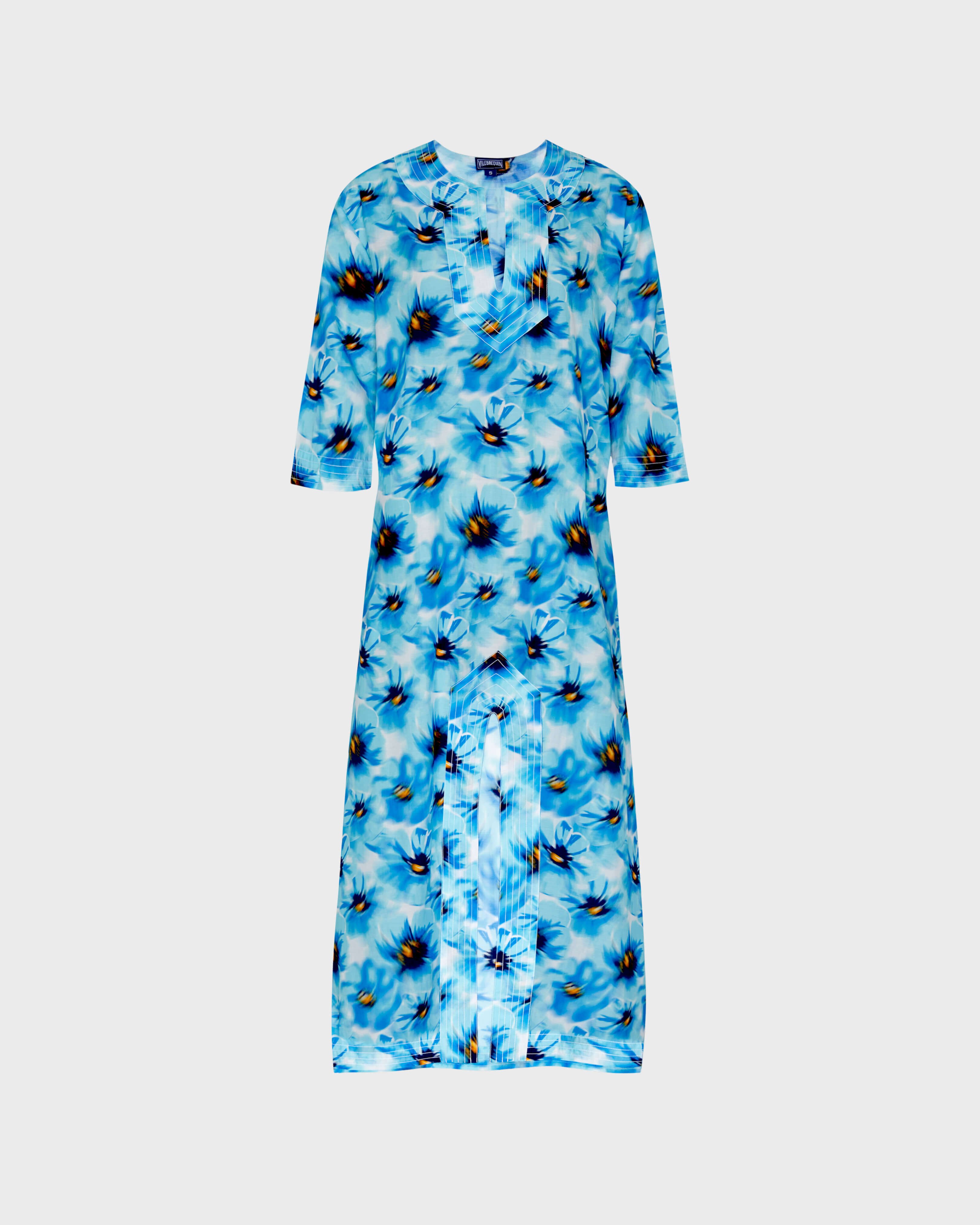 Women Cotton Voile Kaftan Poppies BLUE TOPAZ front view