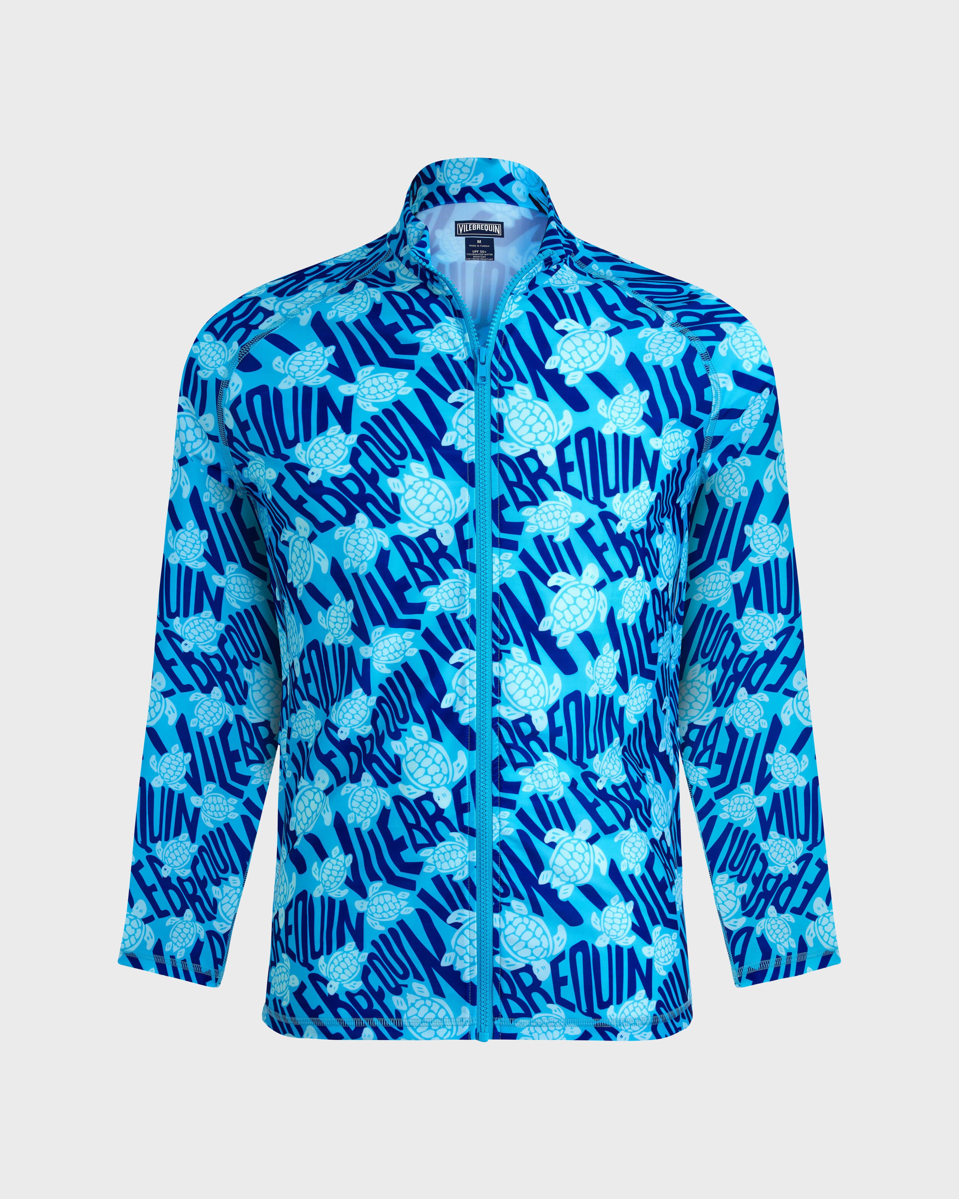 Men UV Protection Zipped Long Sleeves Rashguard Ronde des tortues Logo BLUE TOPAZ front view
