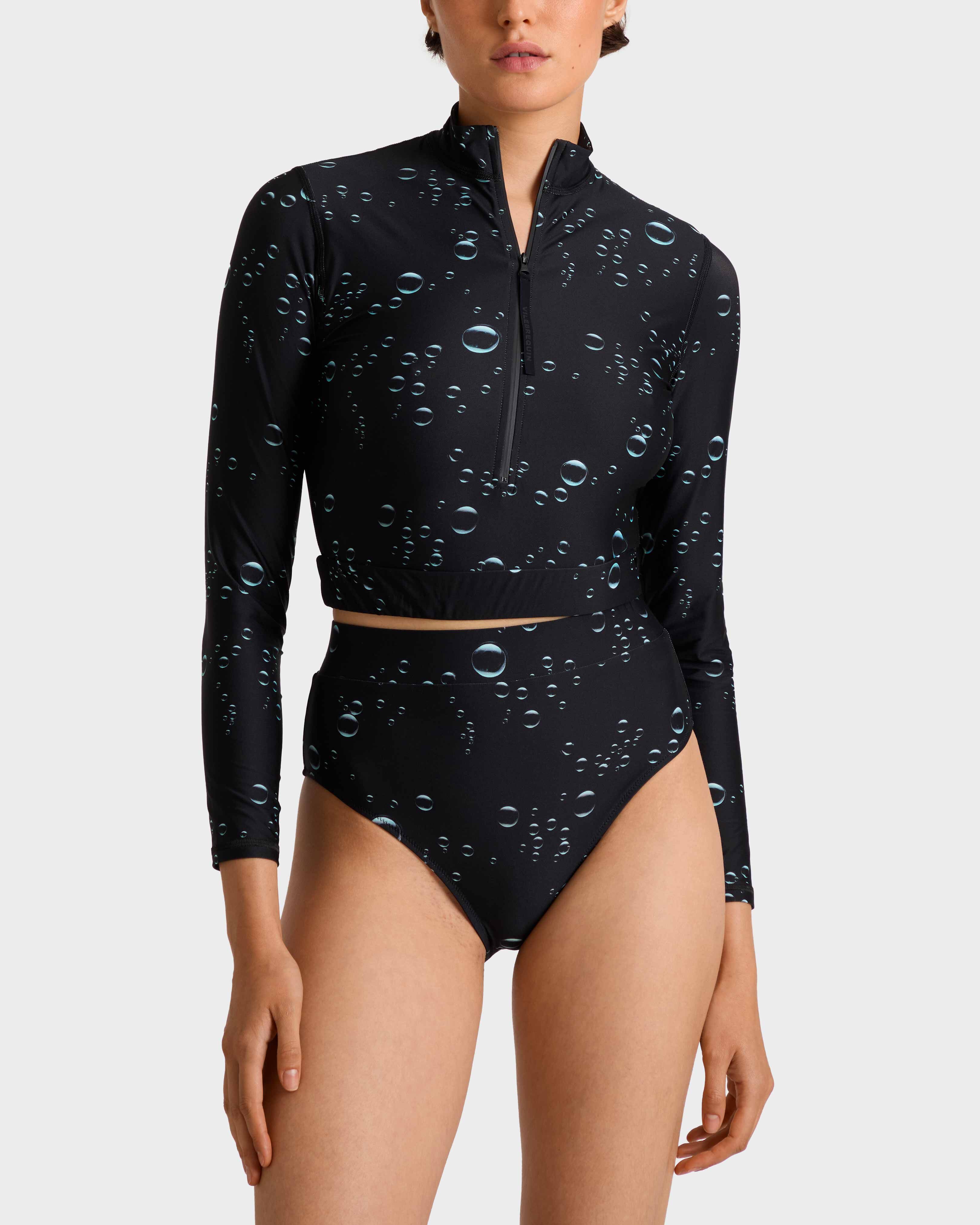 Top corto de baño con cremallera integral y estampado Bubble 3D para mujer NEGRO frontworn view