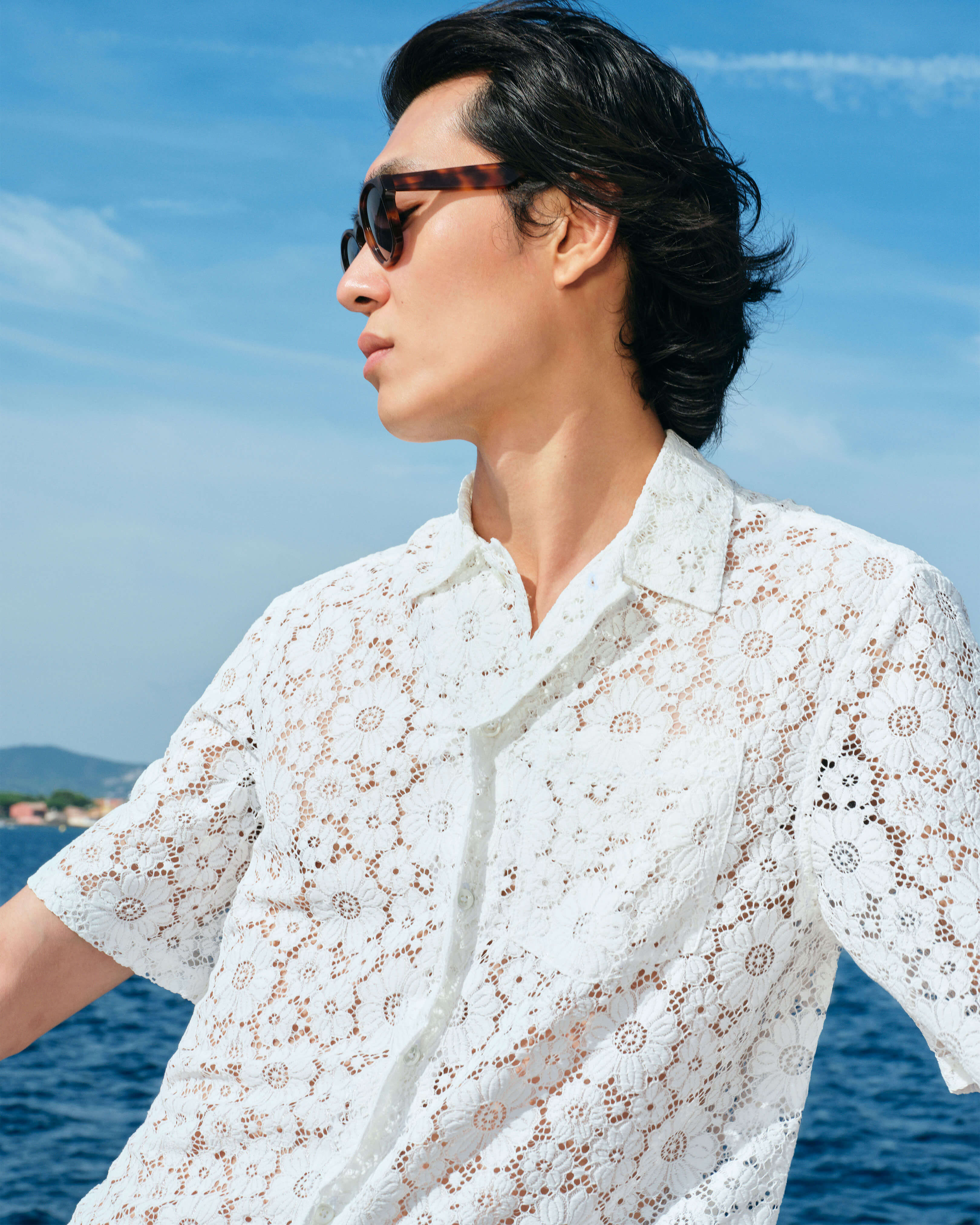 Men Short Sleeve Floral Guipure Shirt - Limited Collection WHITE lifestyle view