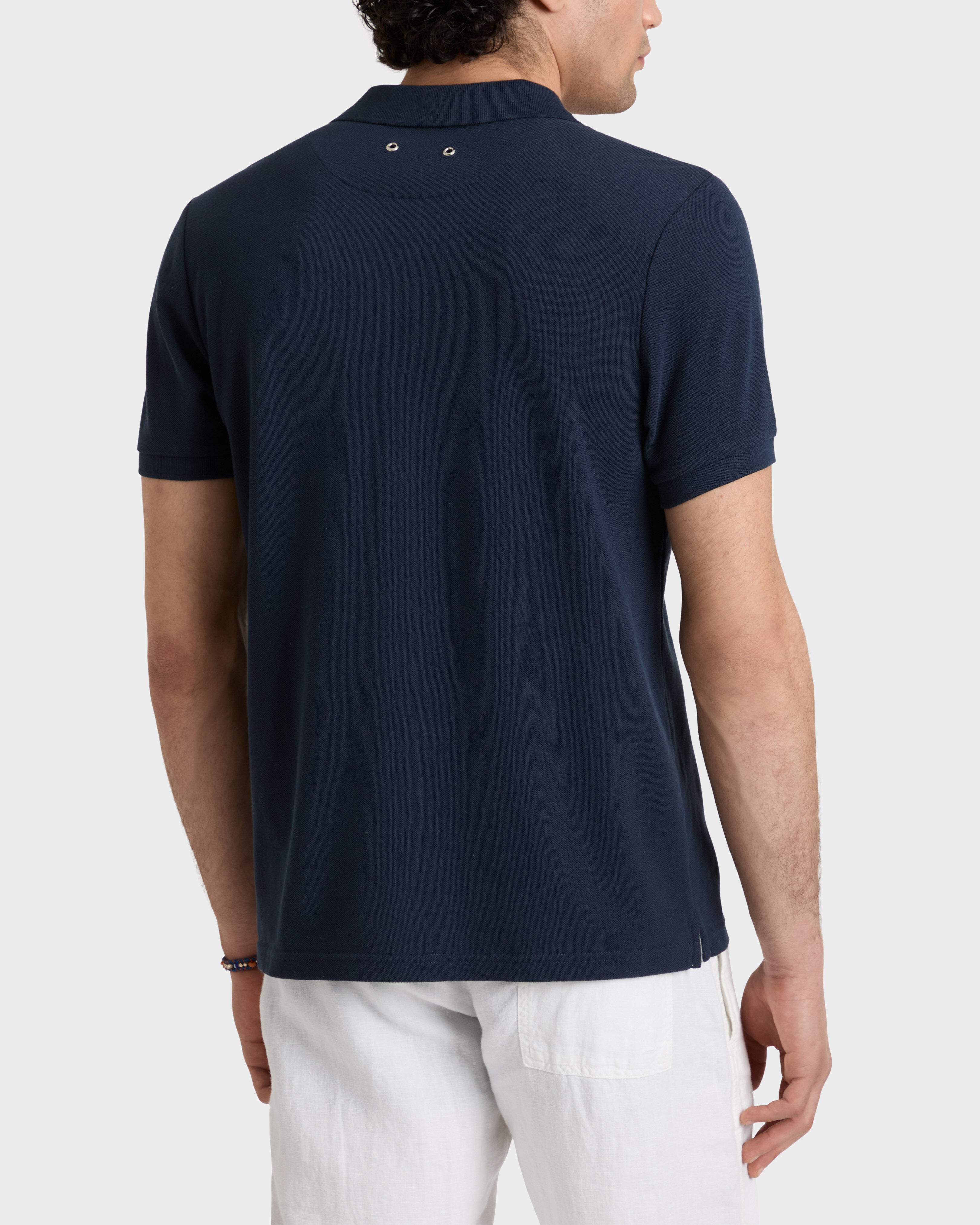 Men Organic Cotton Pique Polo Shirt Solid NAVY backworn view