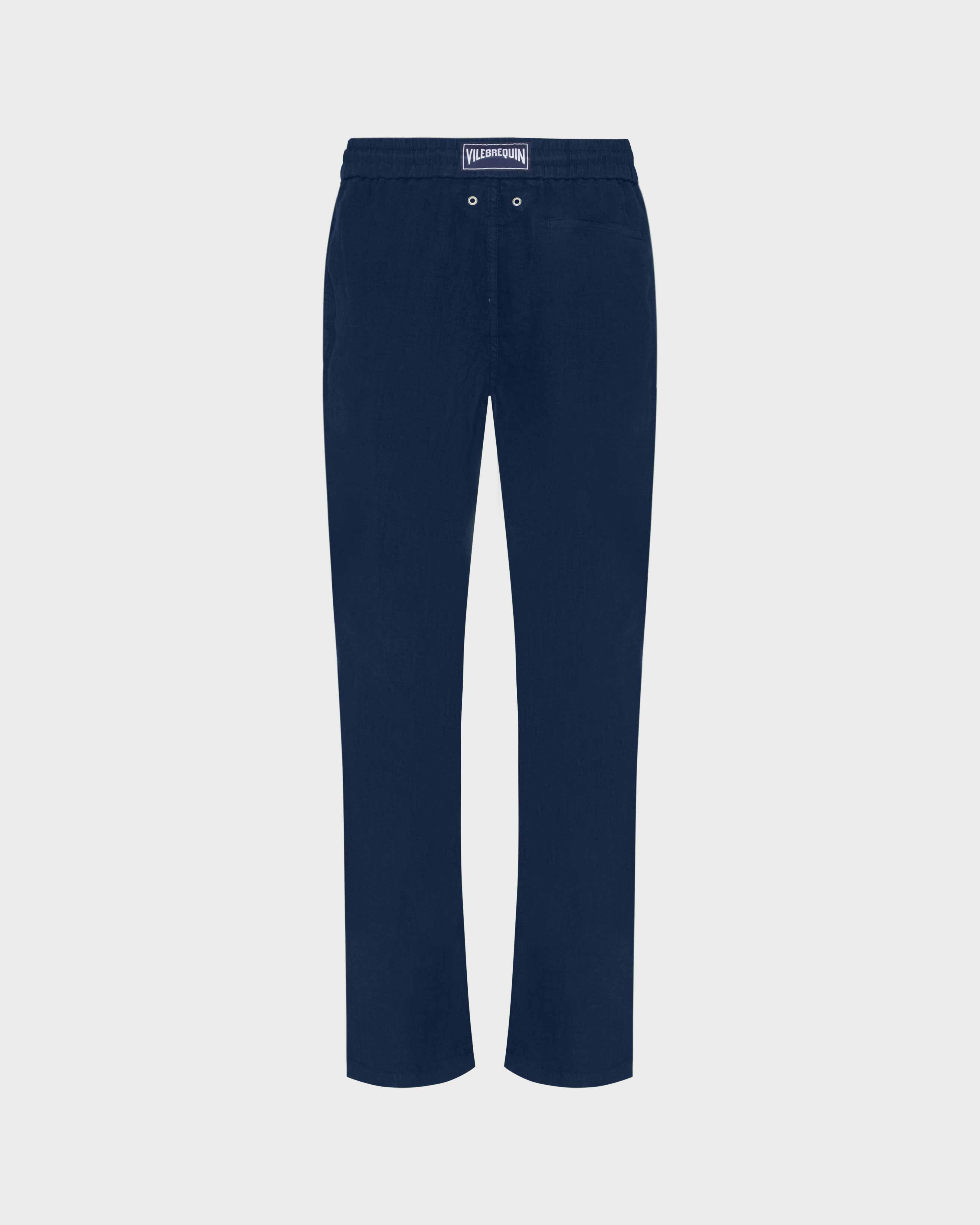 Men Linen Pants Regular Fit Solid NAVY back view