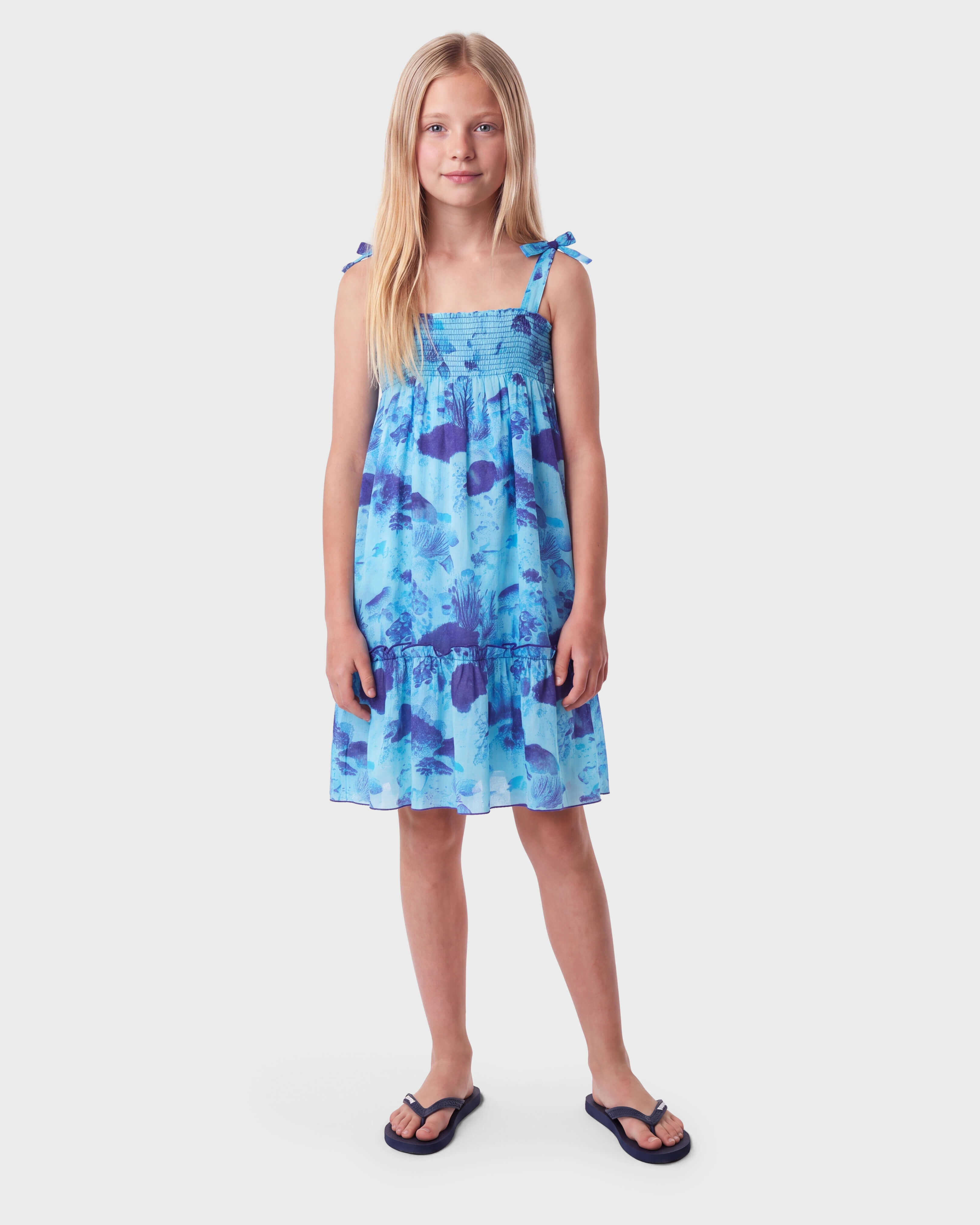 Girls Organic Cotton voile Dress Coral Reef OXYGENE frontworn view