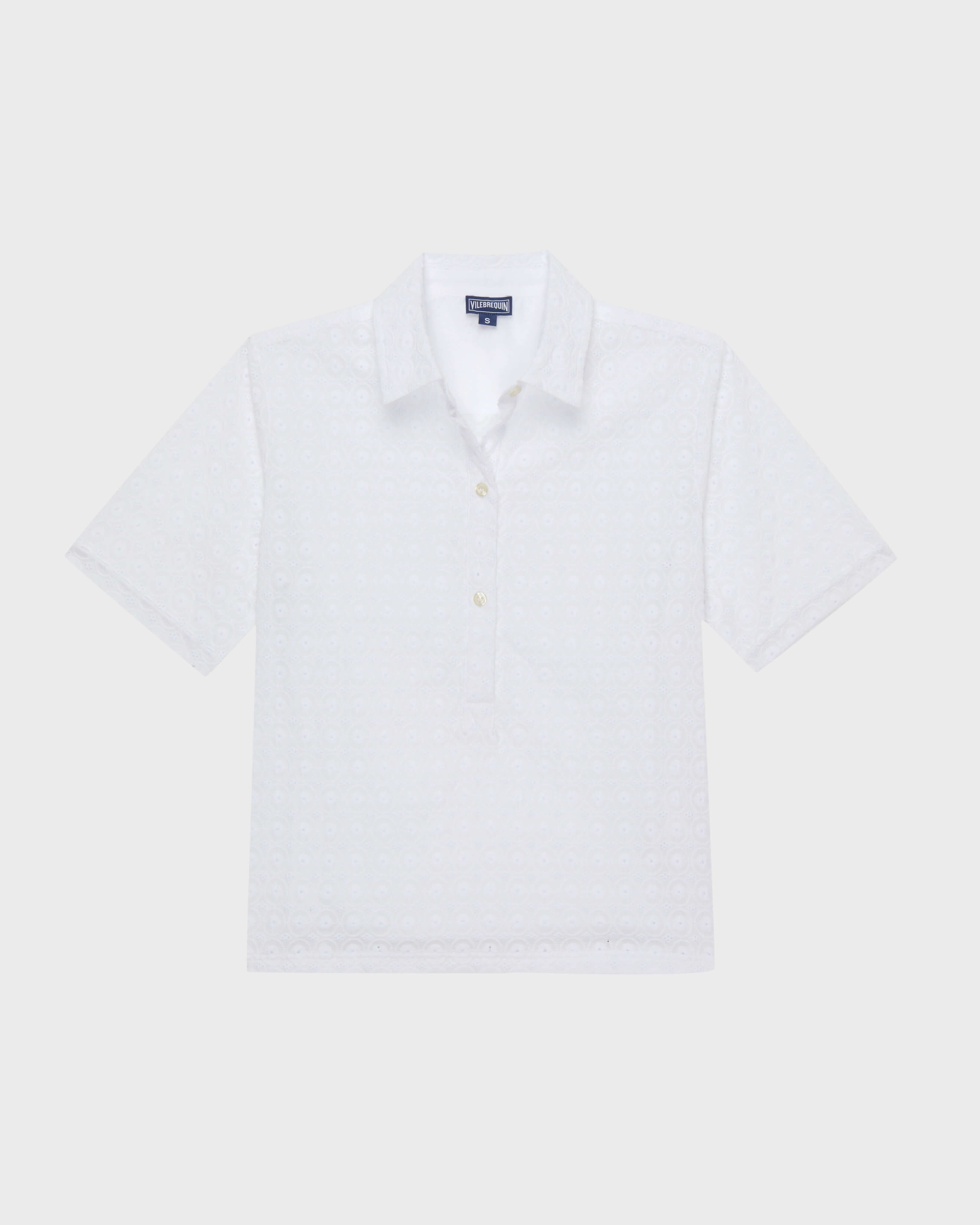Women Cotton Polo Broderie Anglaise WHITE front view