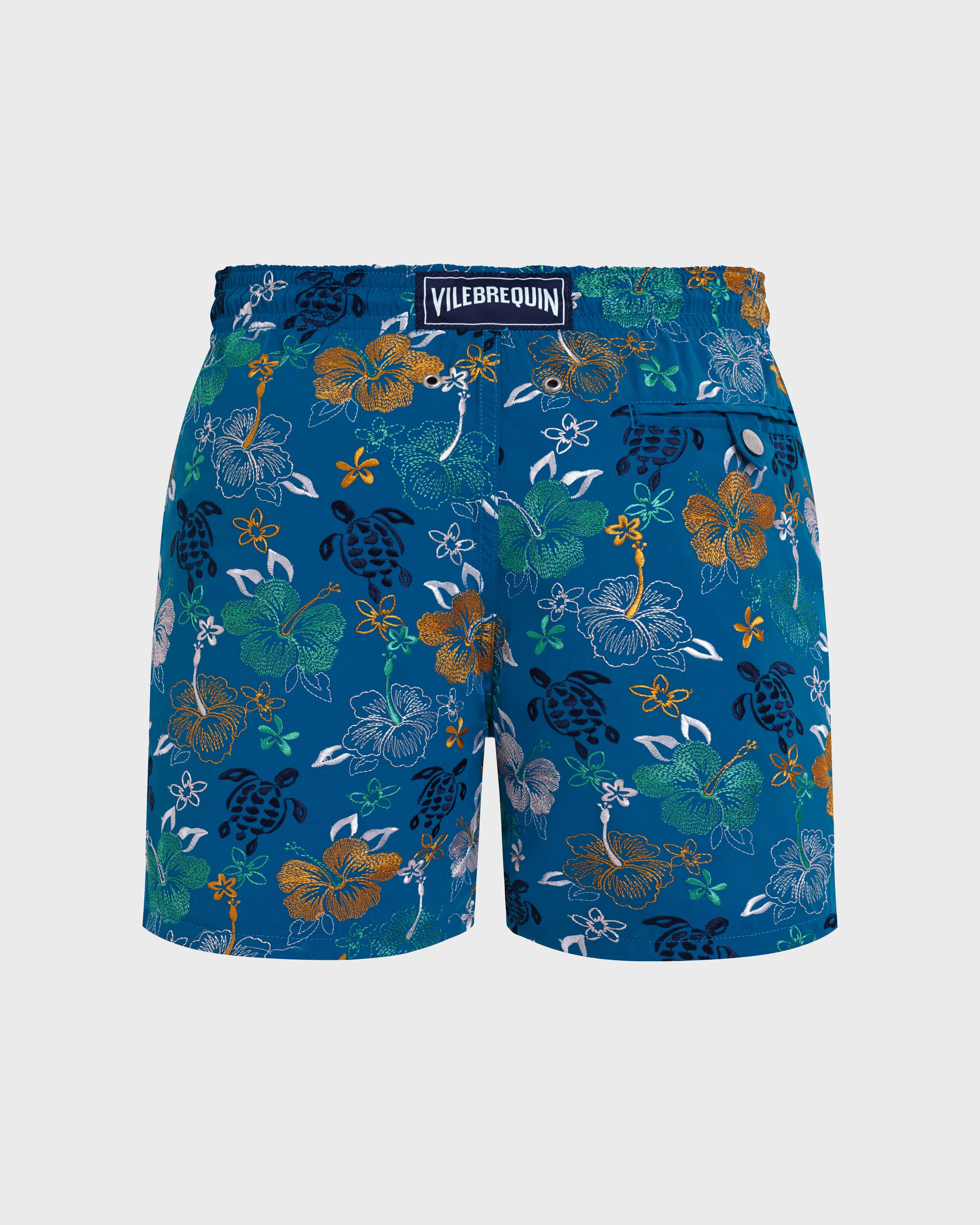 Men Swim Shorts Embroidered Tropical Turtles - Limited Edition PEACOCK back view