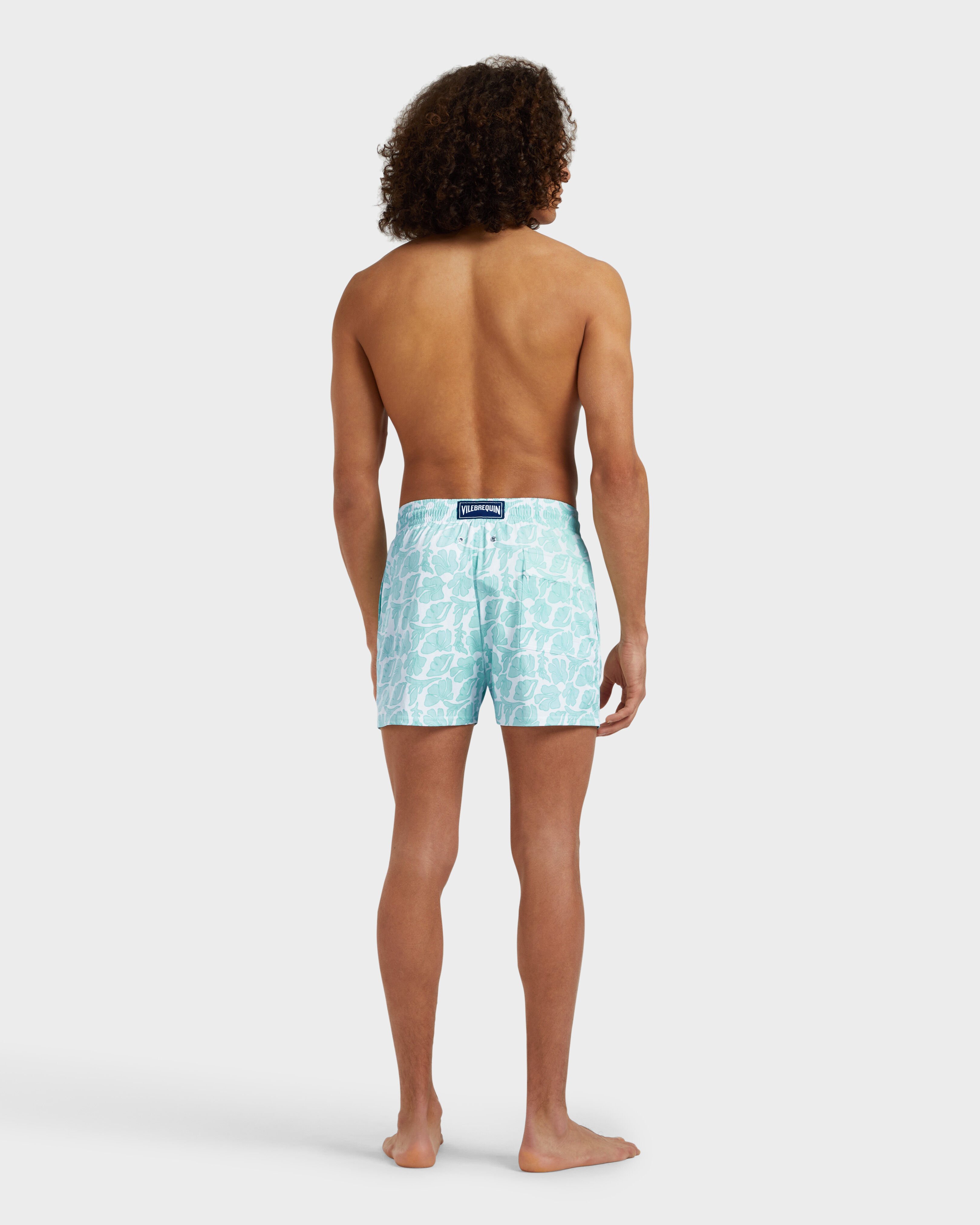 Men Stretch Short Swim Shorts Seashells WHITE backworn view