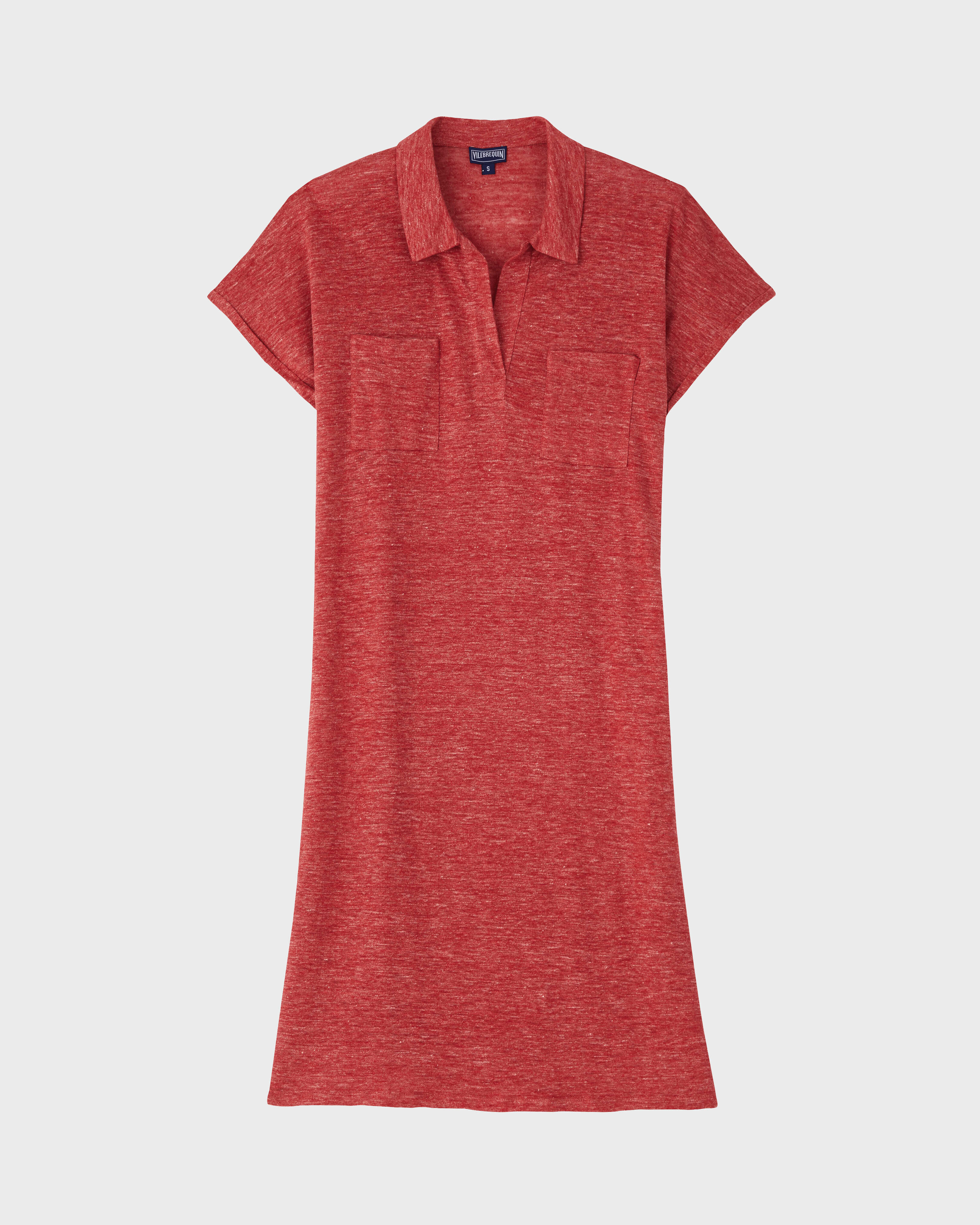 Women Linen Long Polo Dress Solid CHINA RED front view