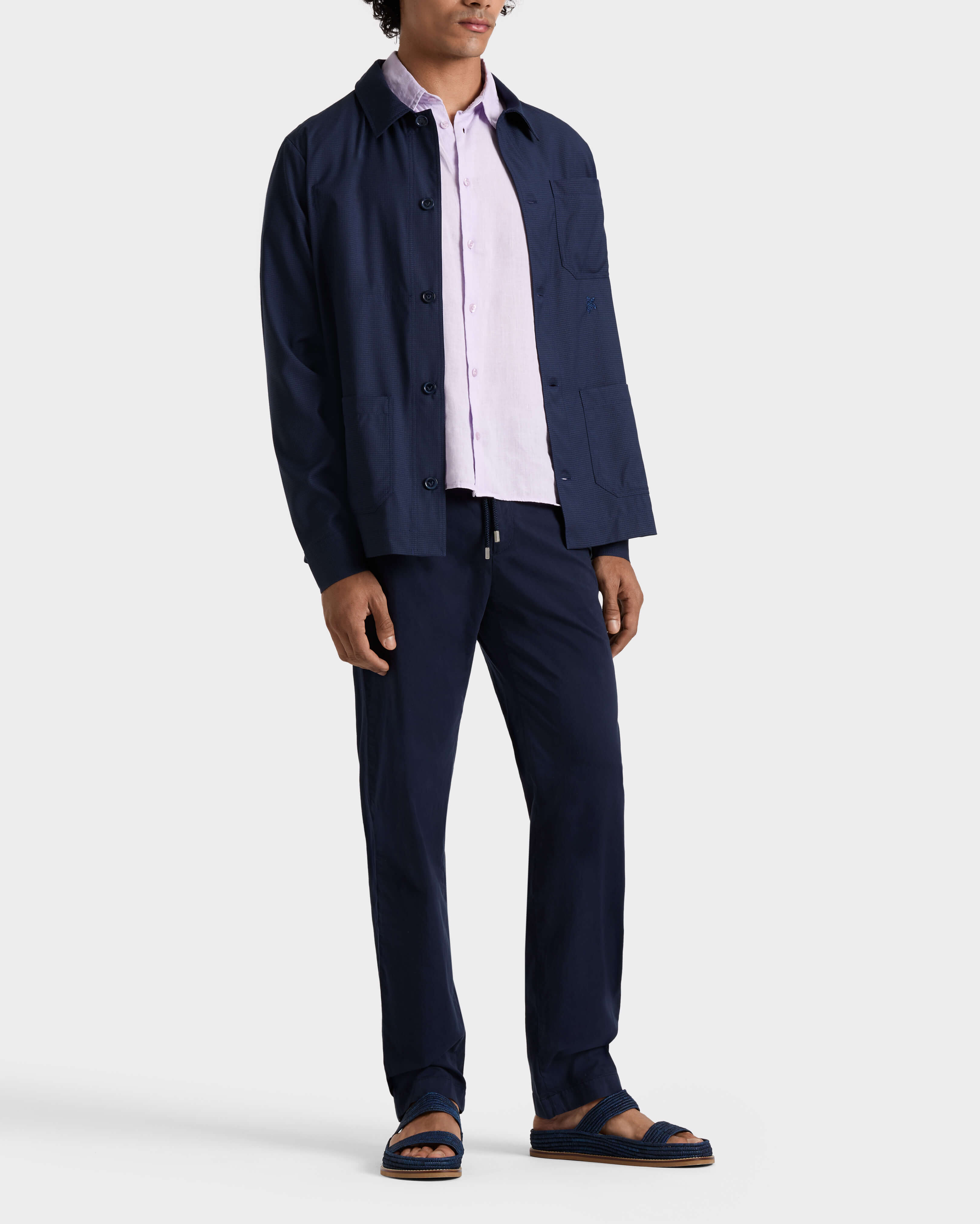 Pantalon en coton satin homme uni BLEU MARINE frontworn view