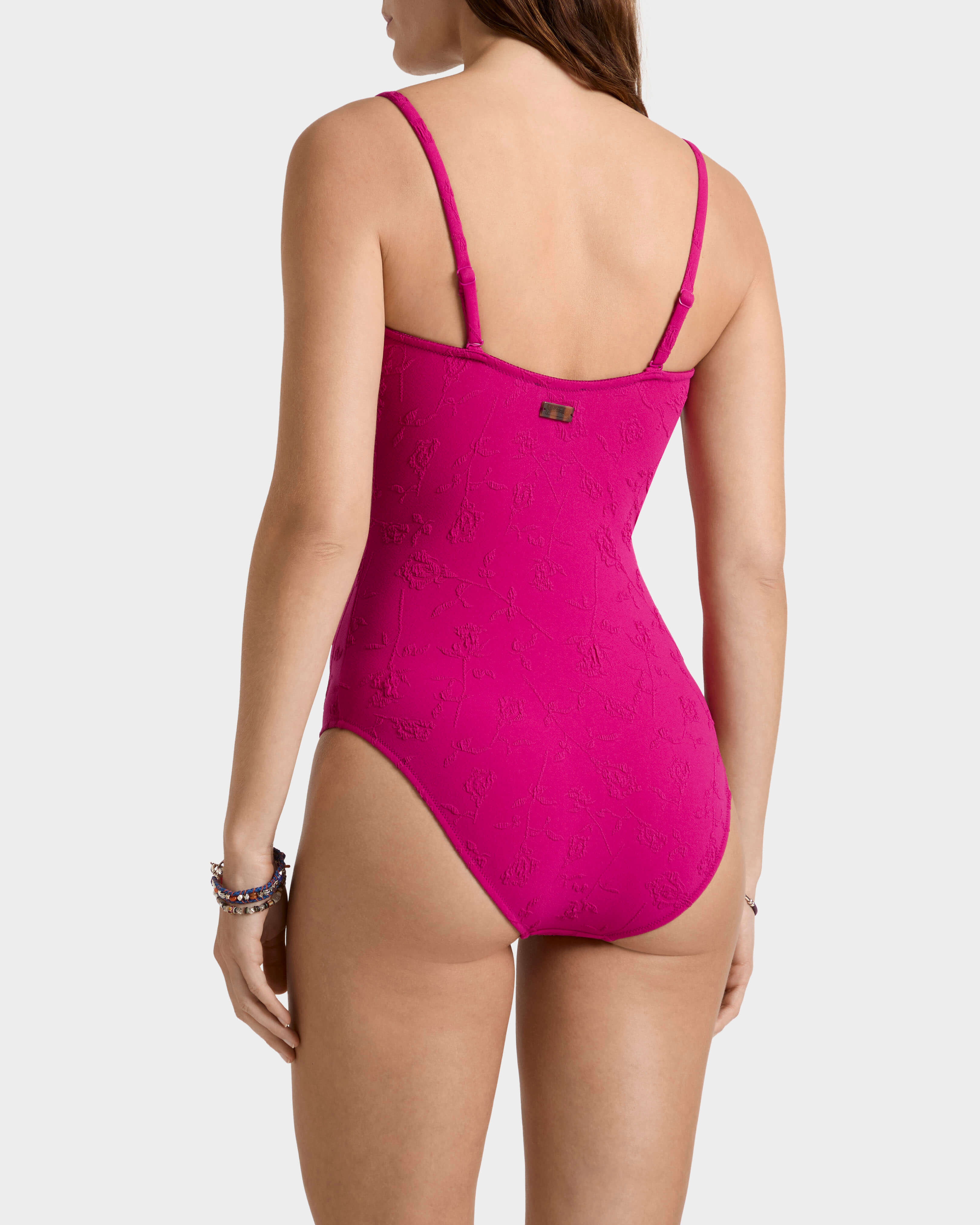 Women Jacquard One-piece Swimsuit Roses - IN STOCK May 12th CRIMSON PURPLE backworn view