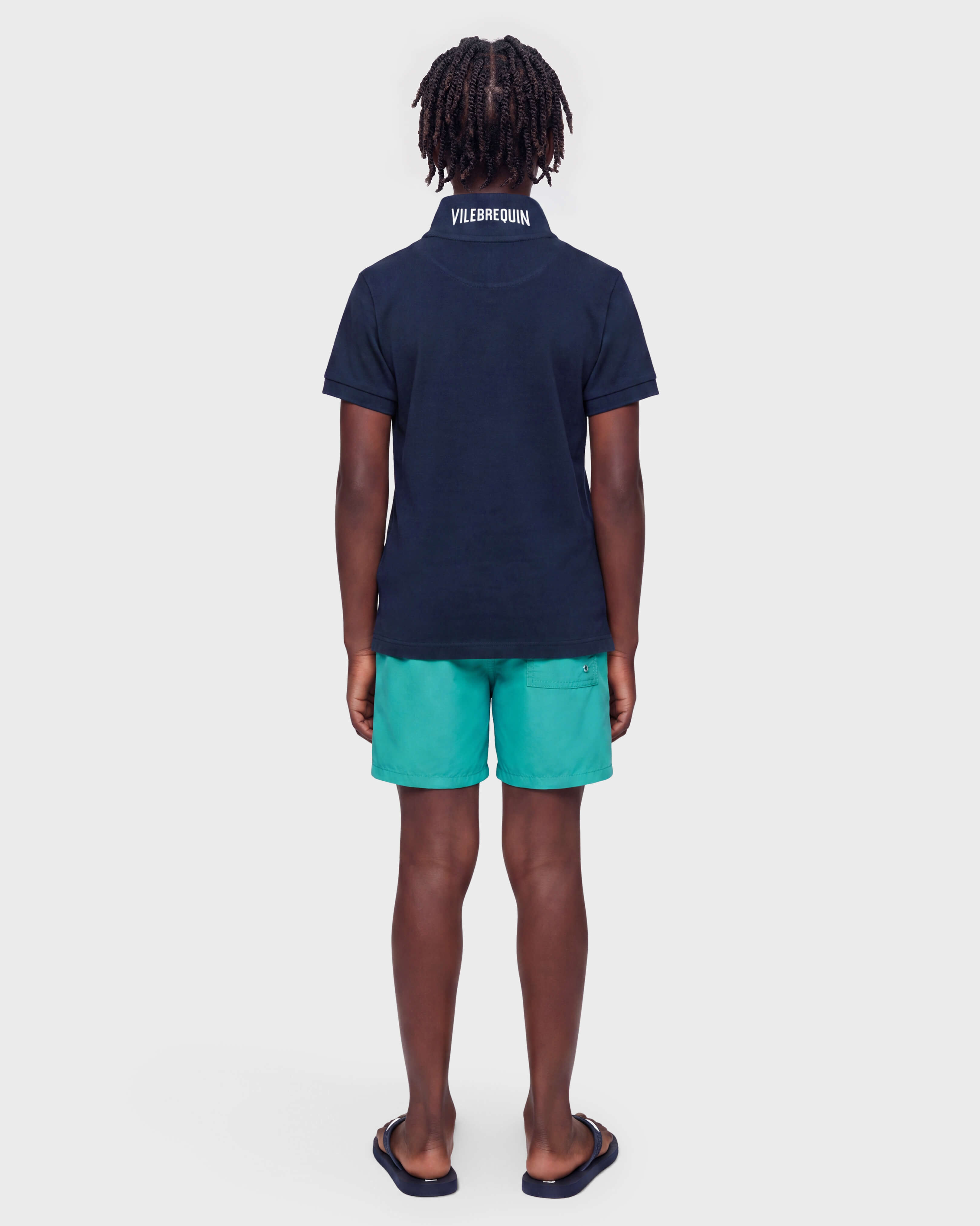 Cotton Pique Boys Polo Shirt Solid NAVY backworn view