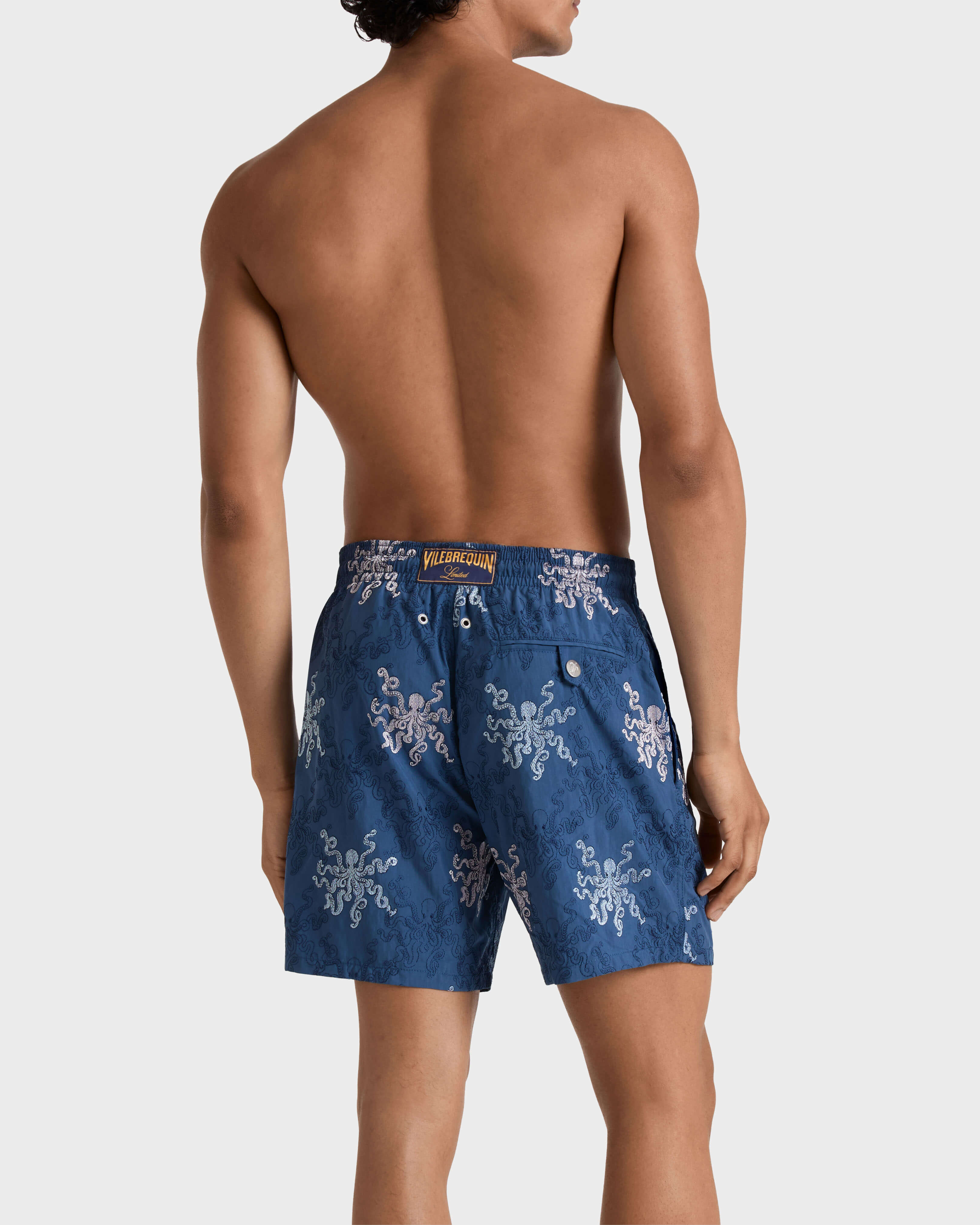 Men Embroidered Swim Trunks Octopus in Stripes - Limited Edition EVENING backworn view