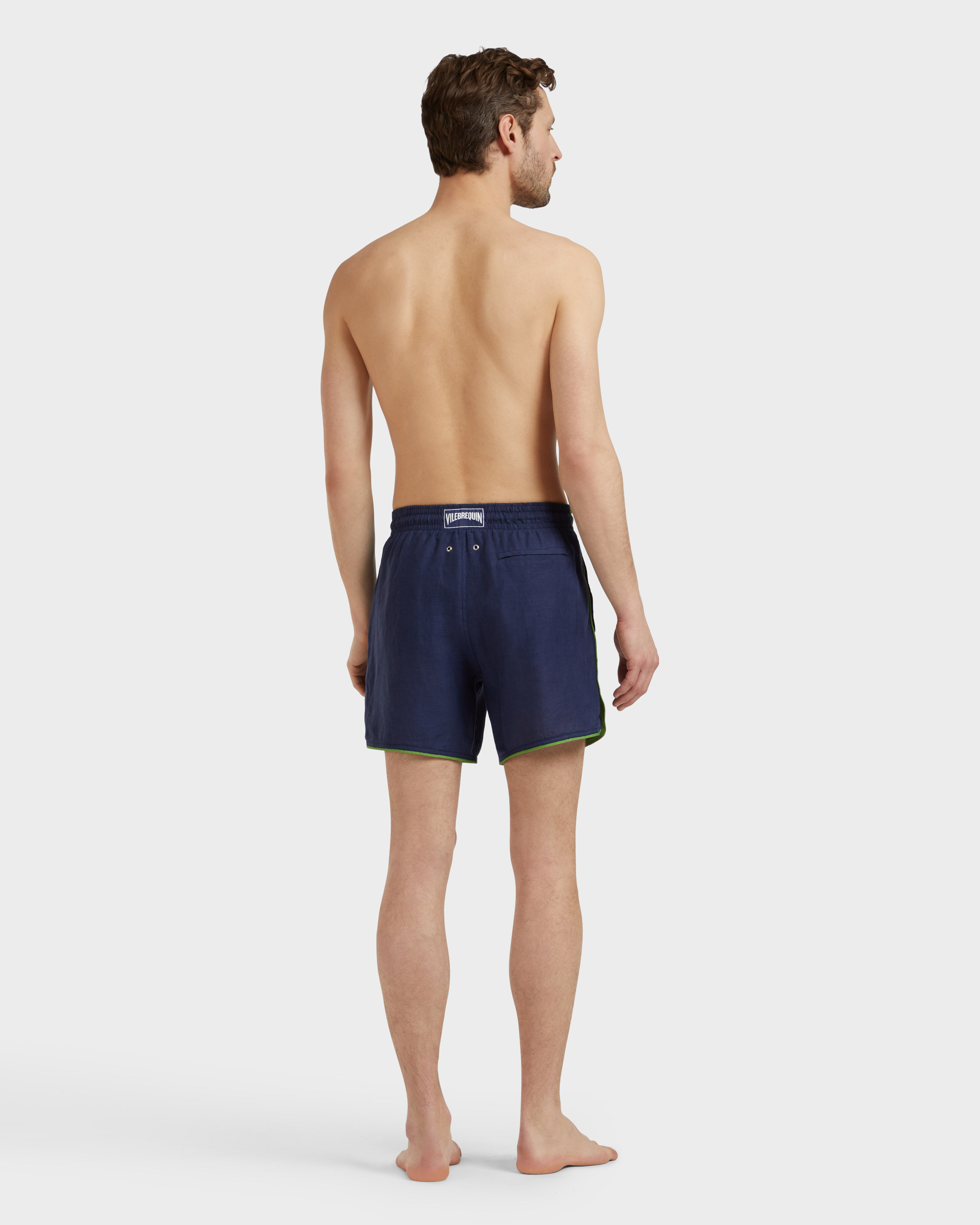 Men Linen Swim Shorts Solid NAVY backworn view