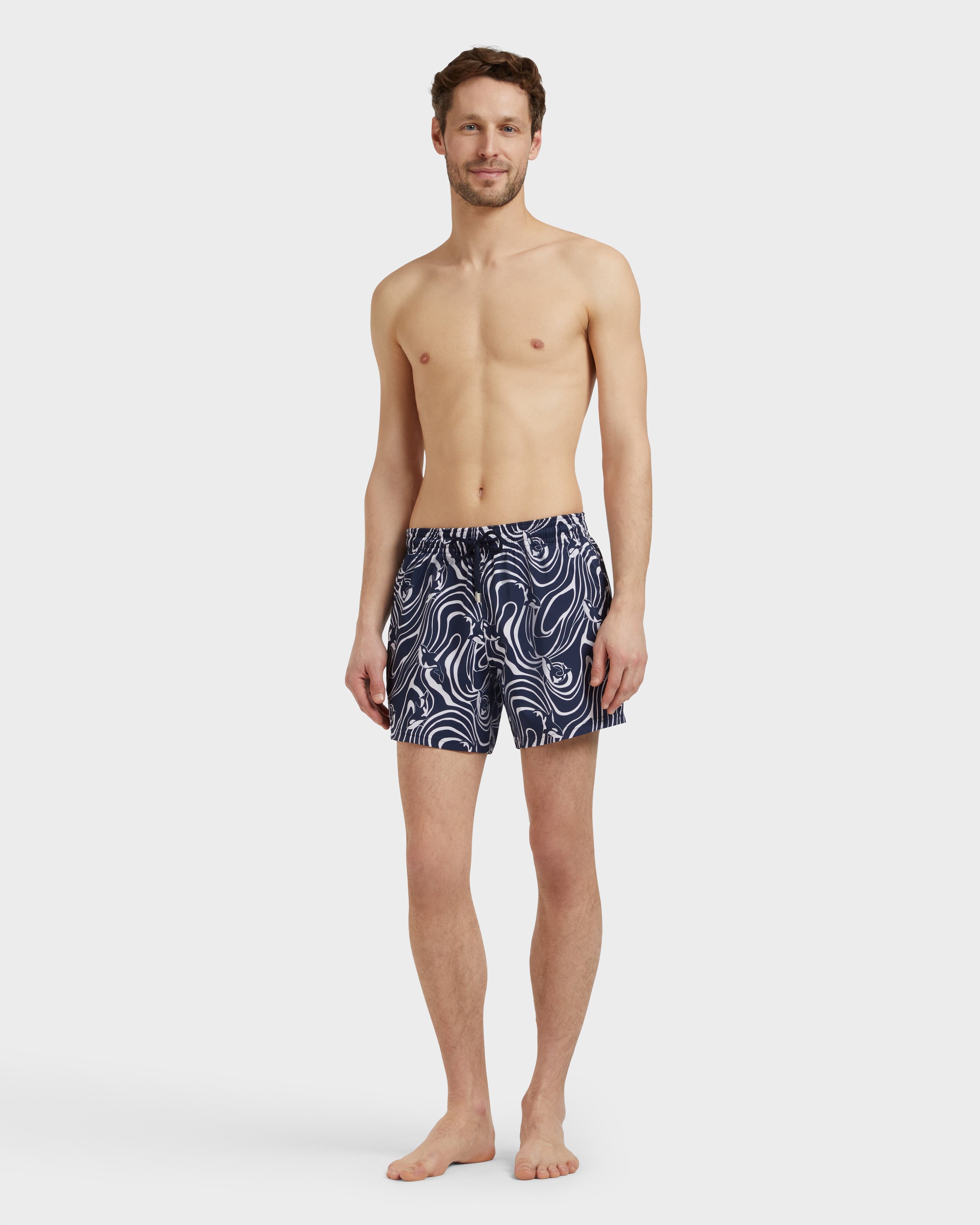 Men Stretch Short Swim Shorts Orcas NAVY frontworn view
