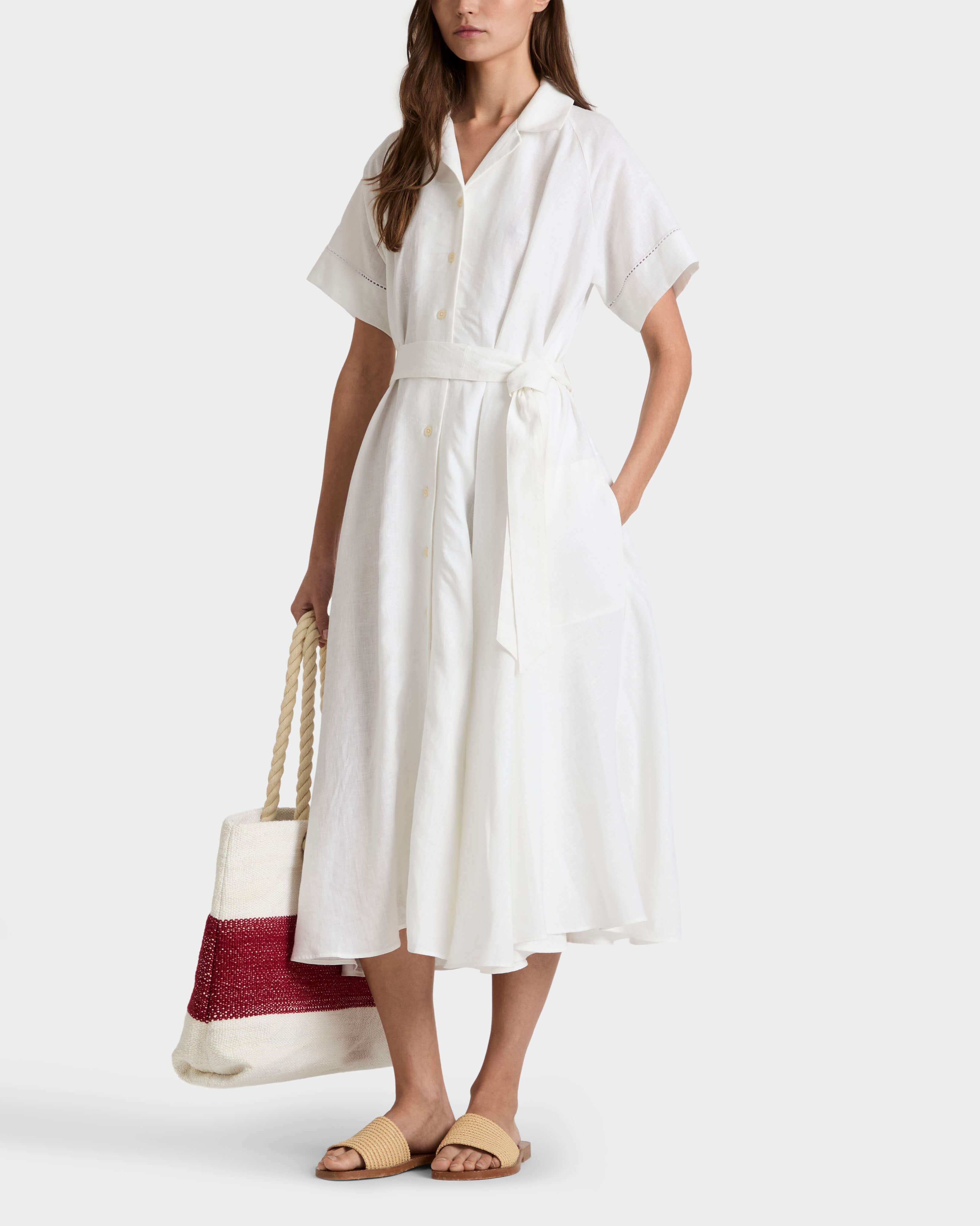 Langes Solid Leinen-Hemdkleid für Damen WEISS frontworn view