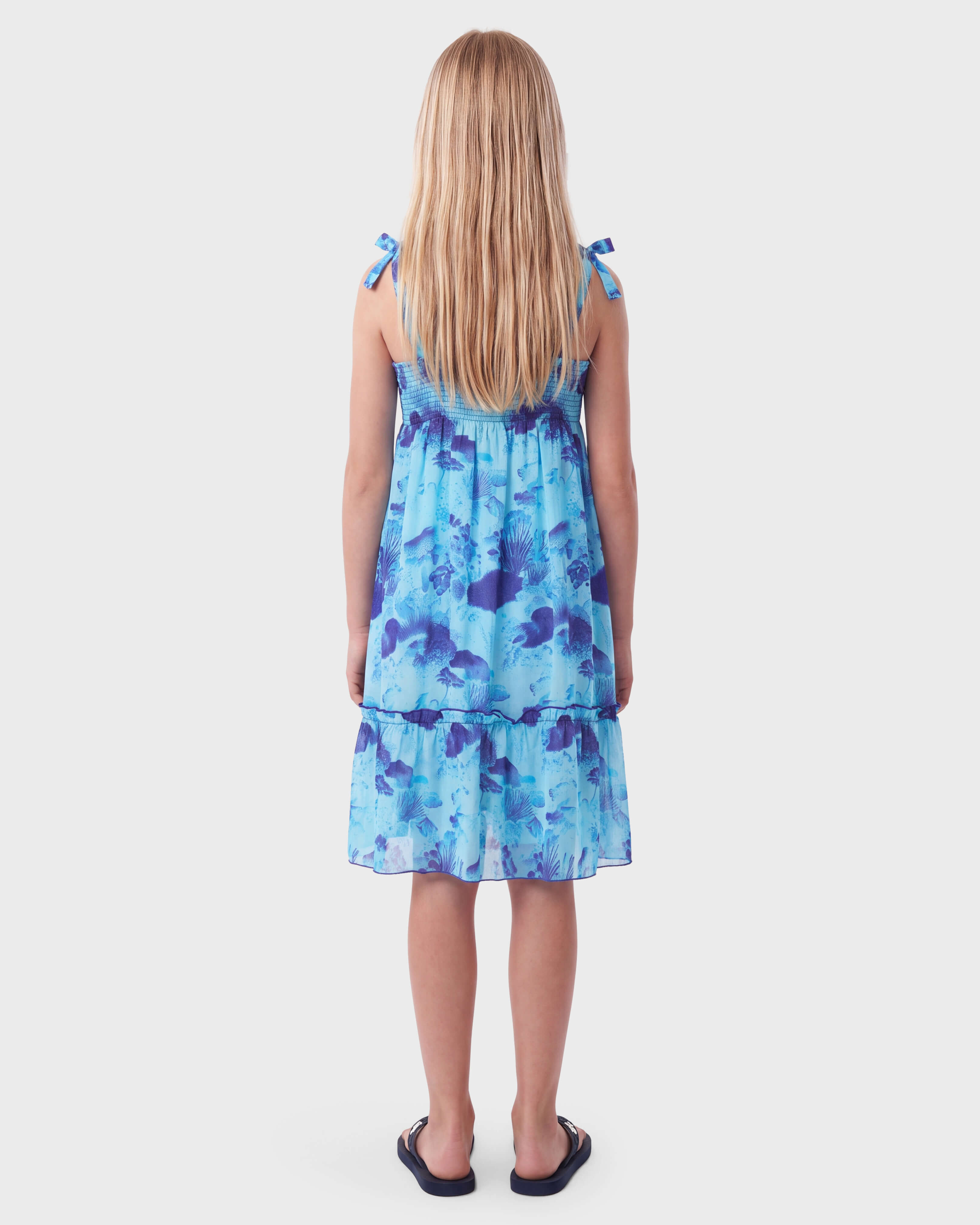 Girls Organic Cotton voile Dress Coral Reef OXYGENE backworn view