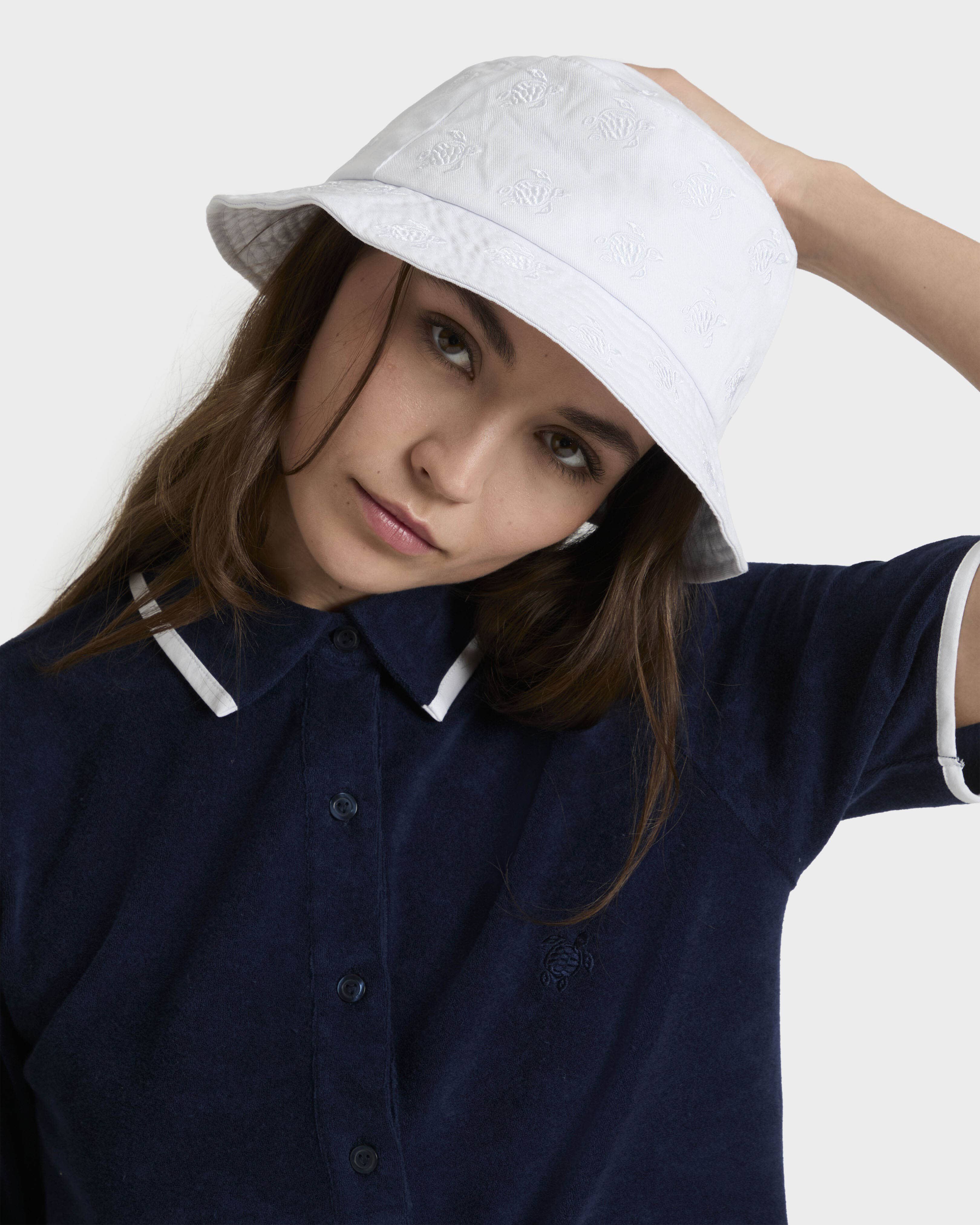 Embroidered Bucket Hat Turtles All Over WHITE frontworn view