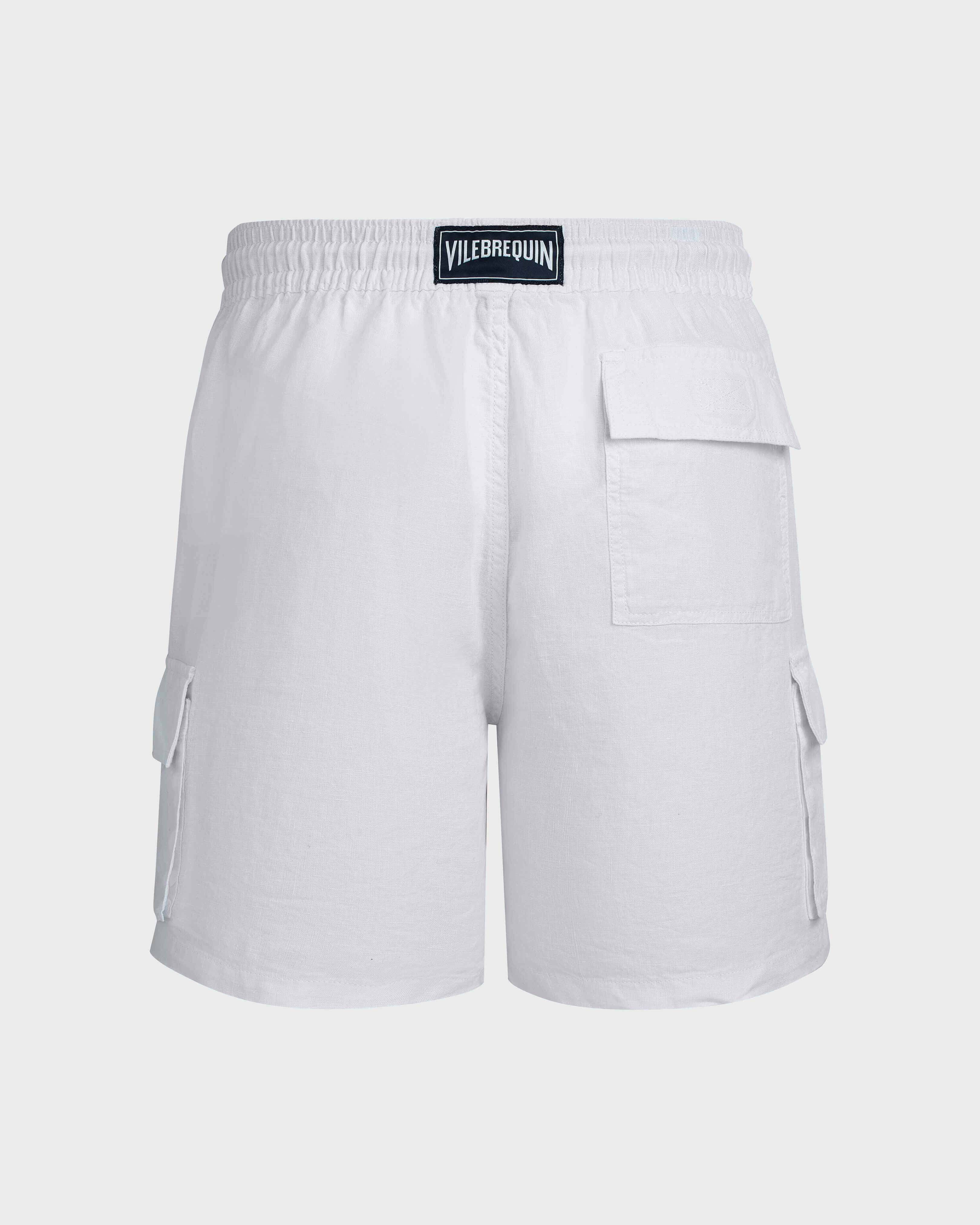 Men Linen Bermuda Shorts Cargo Pockets WHITE back view