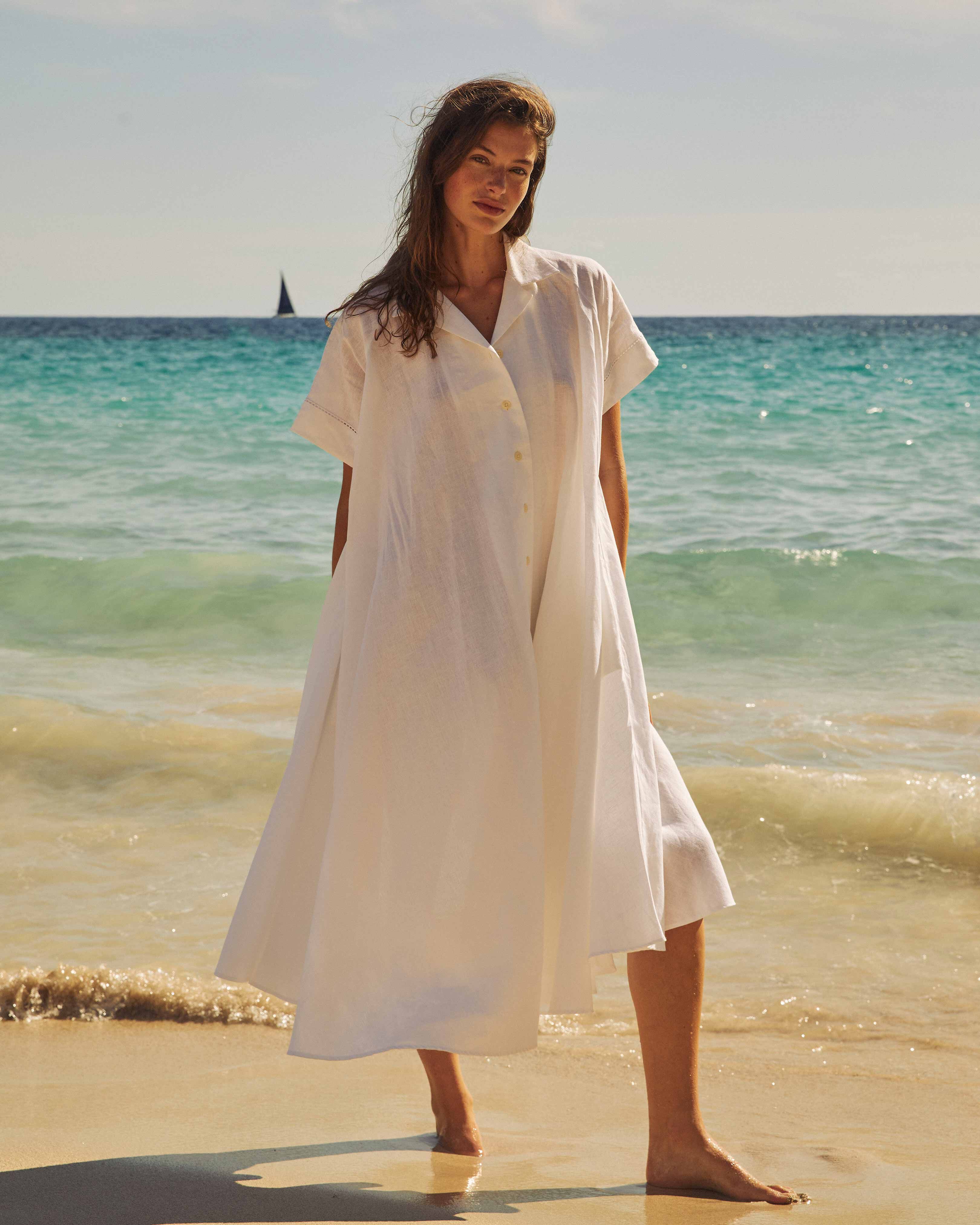 Women Long Linen Shirt Dress Solid WHITE lifestyle view