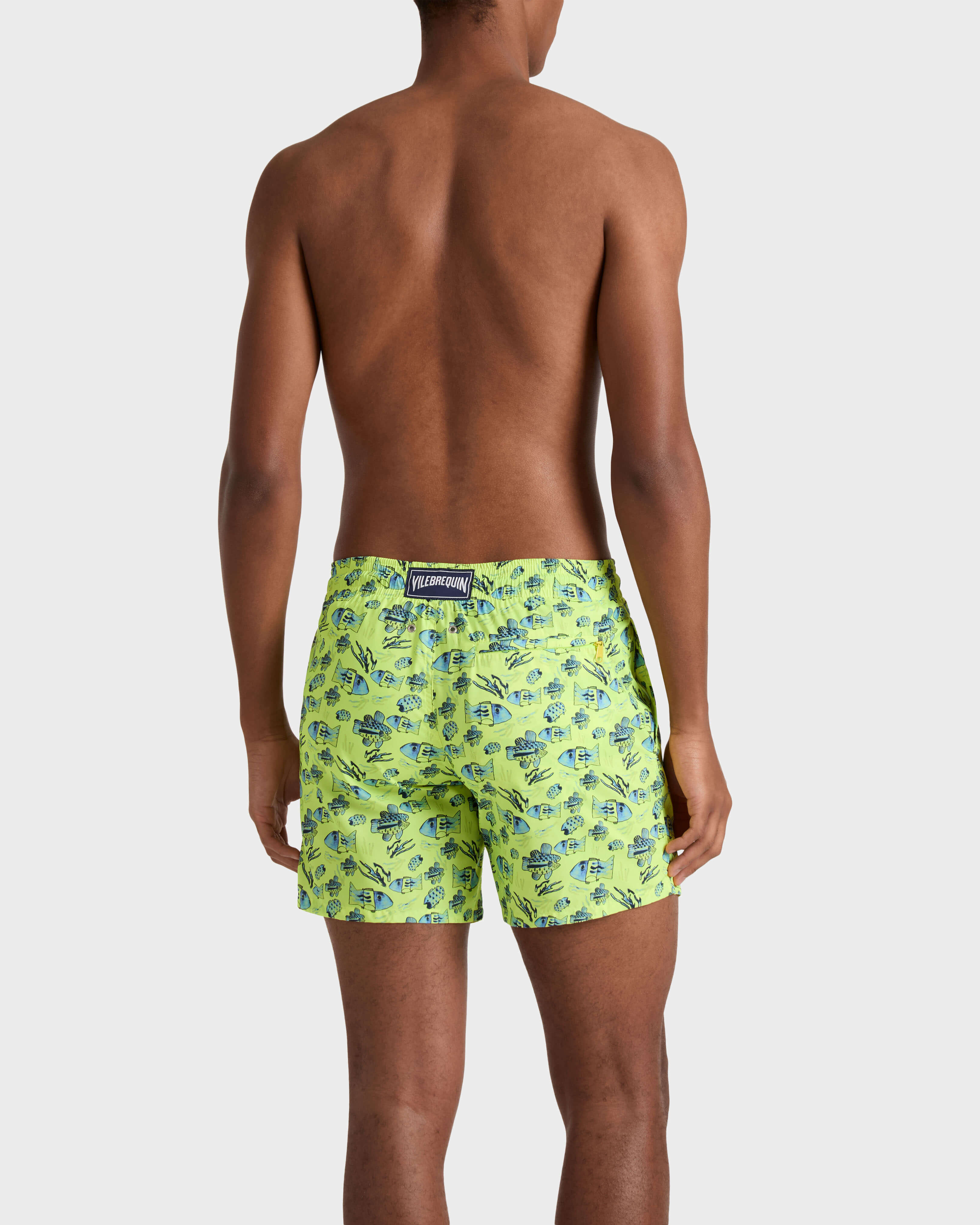 Men Ultra-light and packable Swim Shorts Fishies Drawing NEON YELLOW backworn view