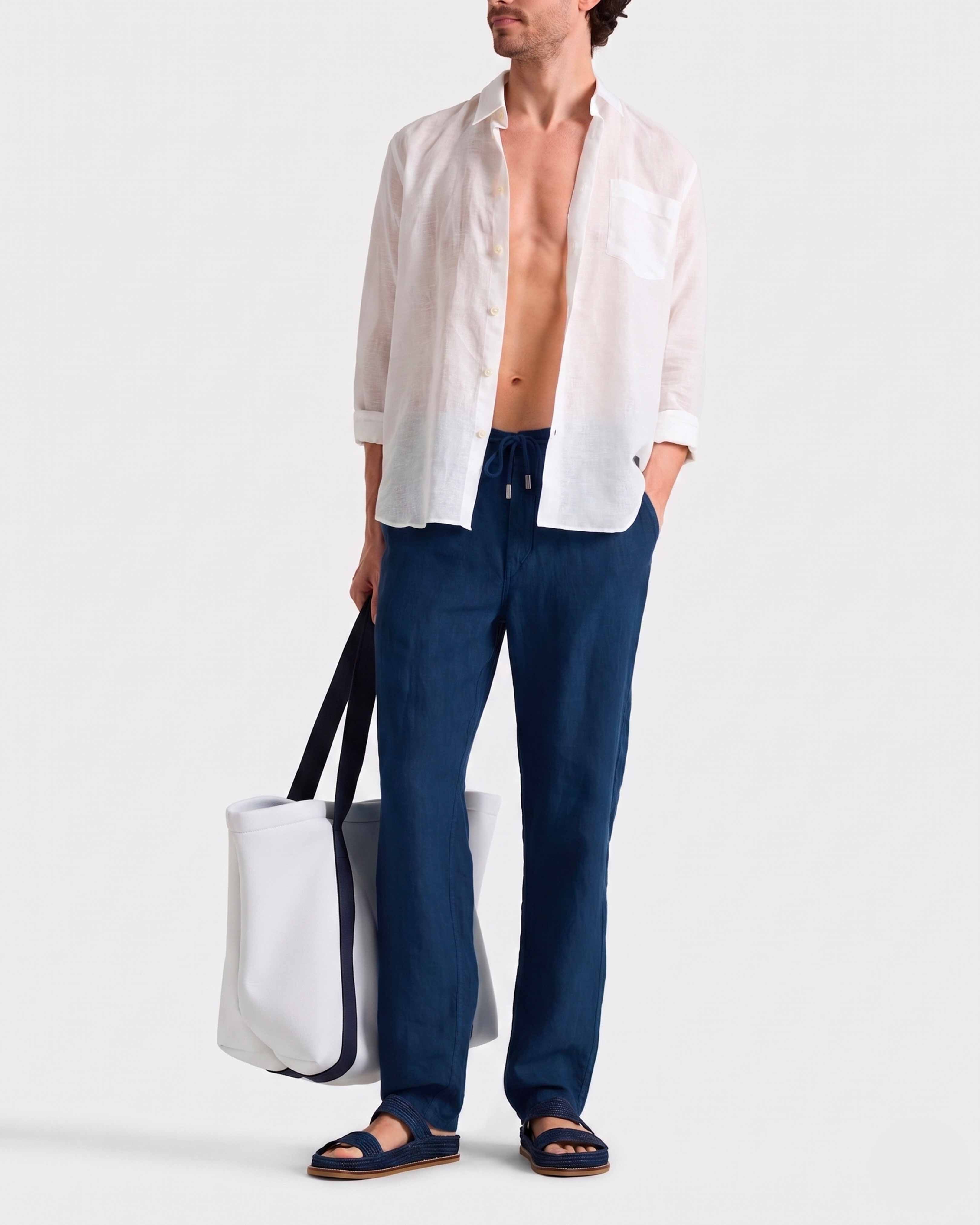 Men Linen Pants Regular Fit Solid NAVY frontworn view