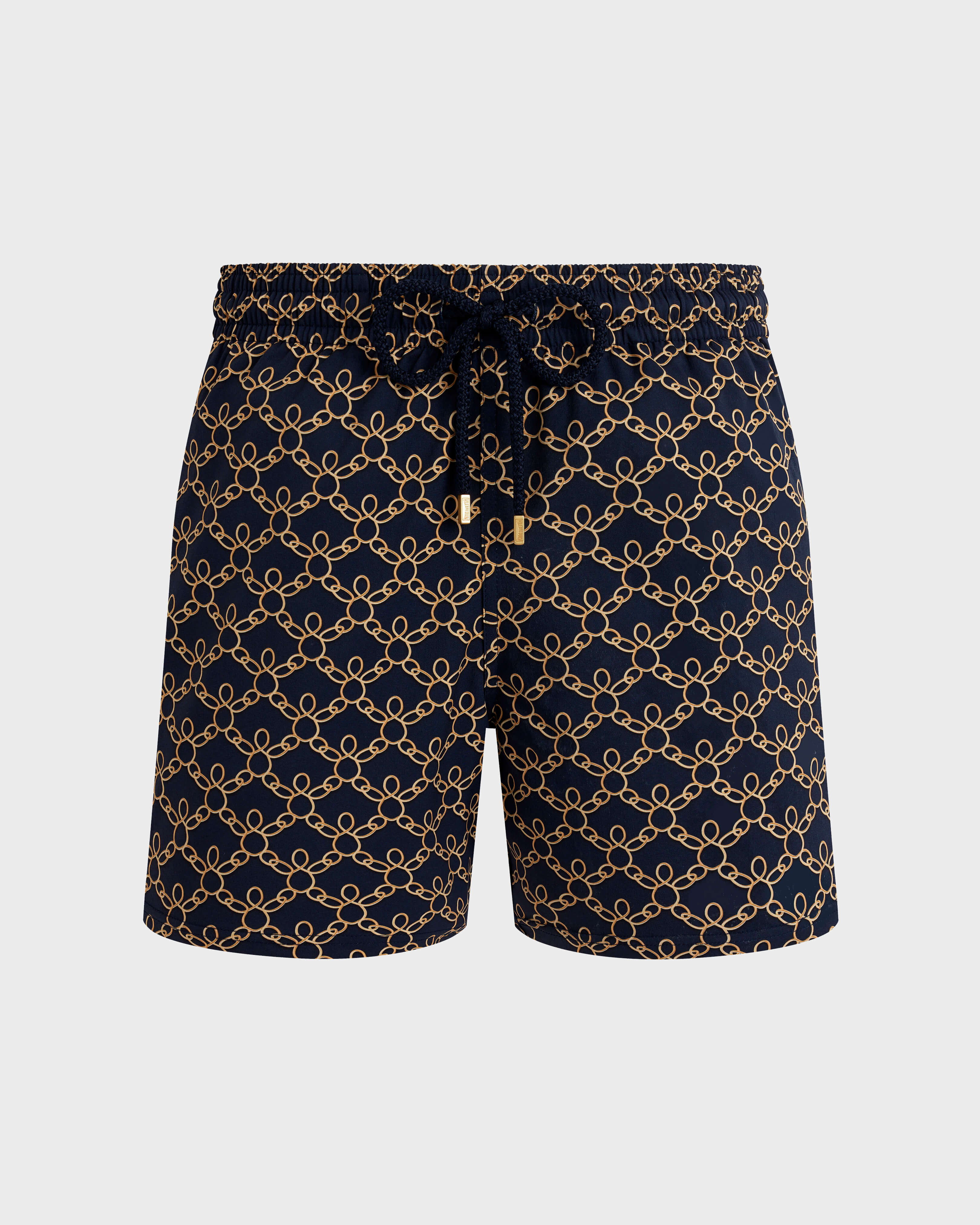 Men Stretch Short Swim Shorts Turtles Chains NAVY front view