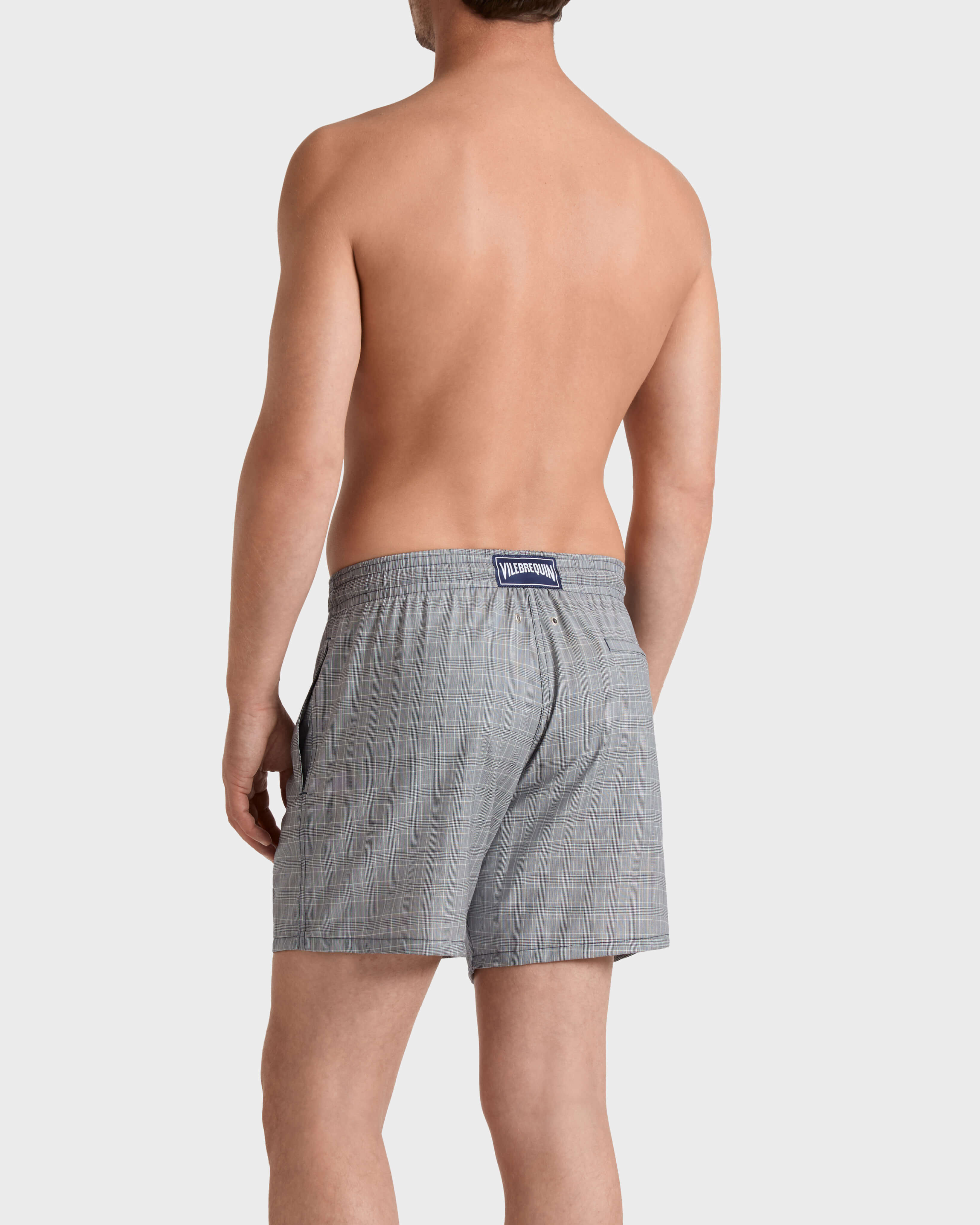 Men Ultrafine Wool Swim Shorts Prince of Wales Check NAVY backworn view