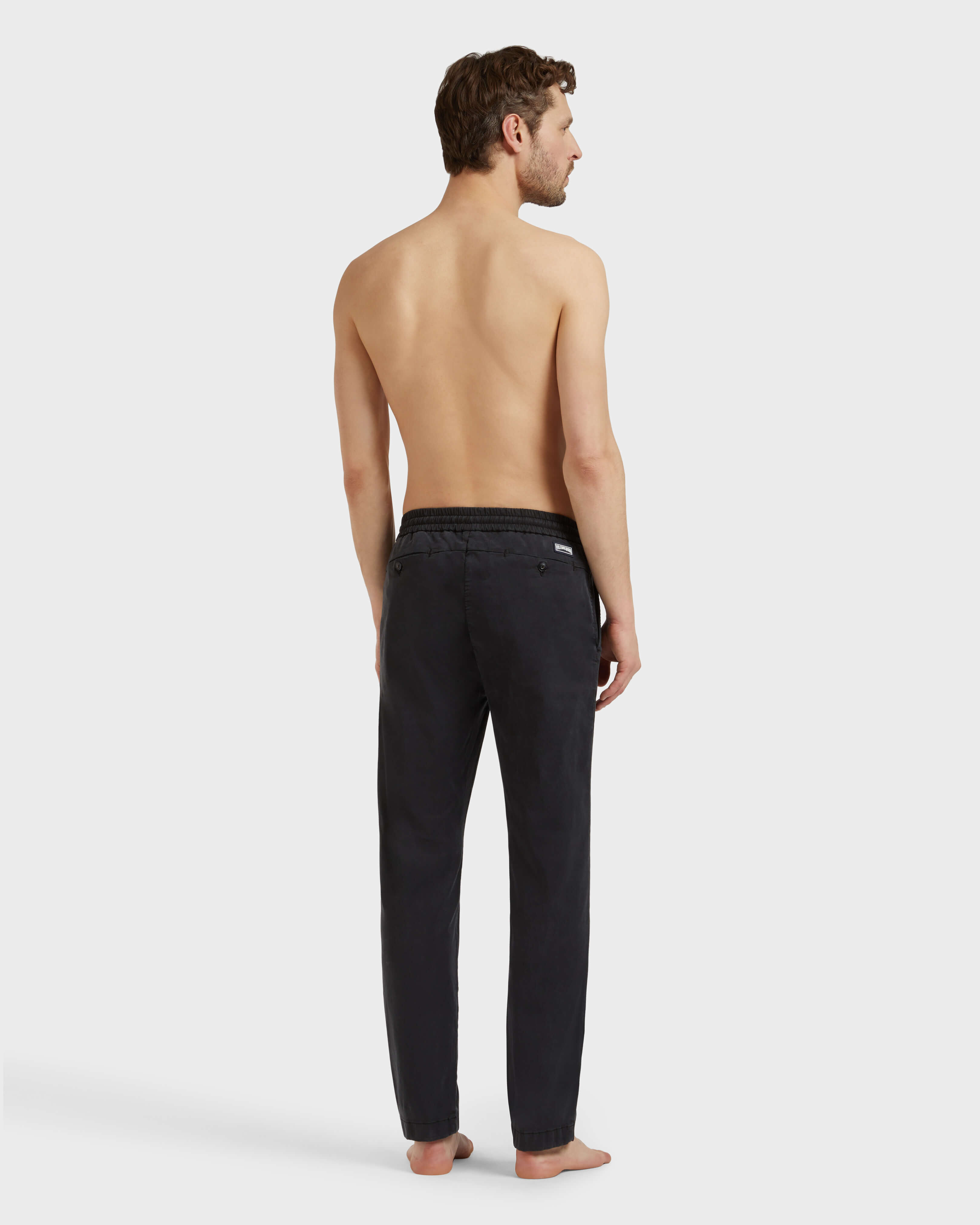 Men Elastic waist Tencel Satin Pants BLACK backworn view