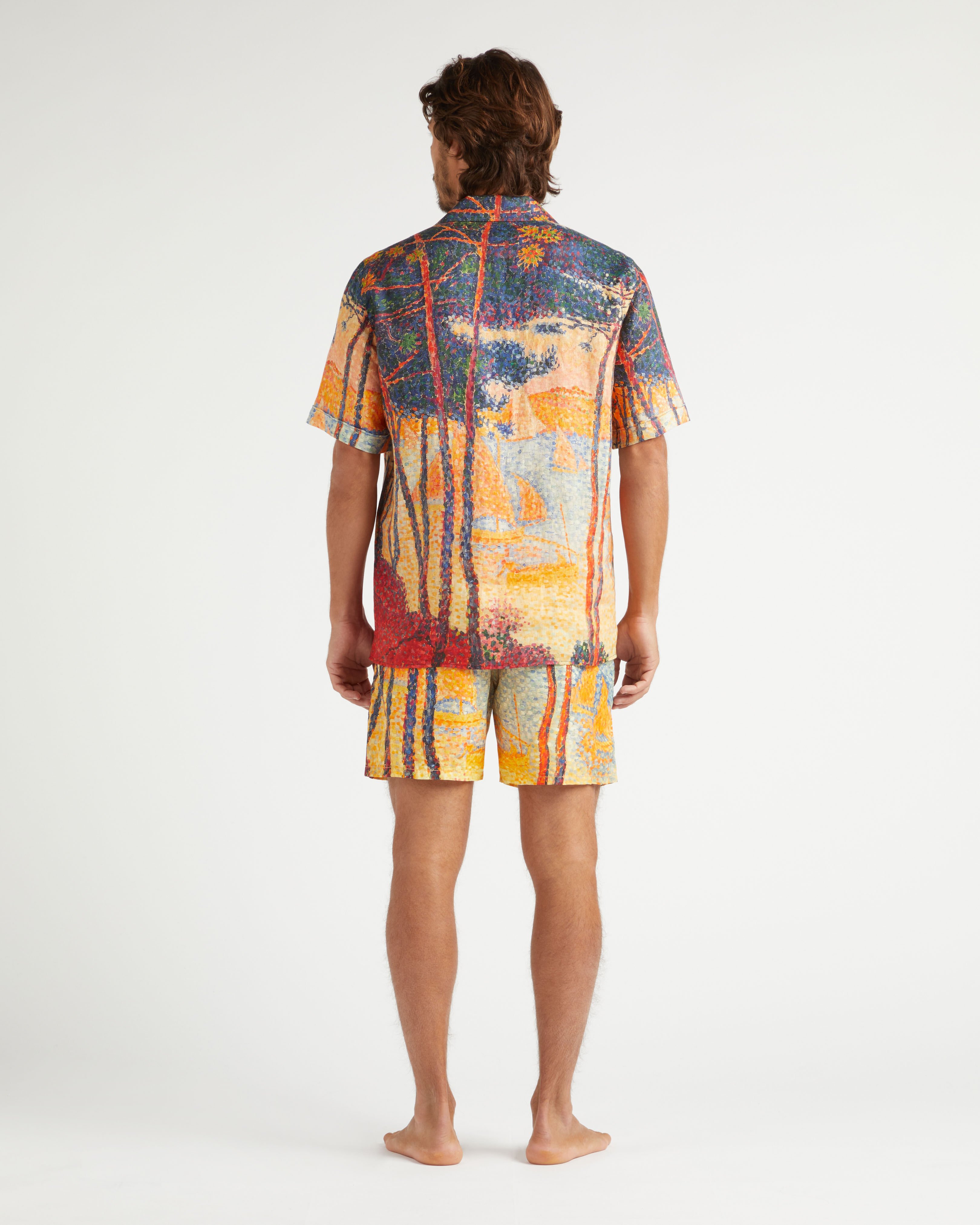 Men Linen Bowling Shirt Voiles de Pin CORN backworn view