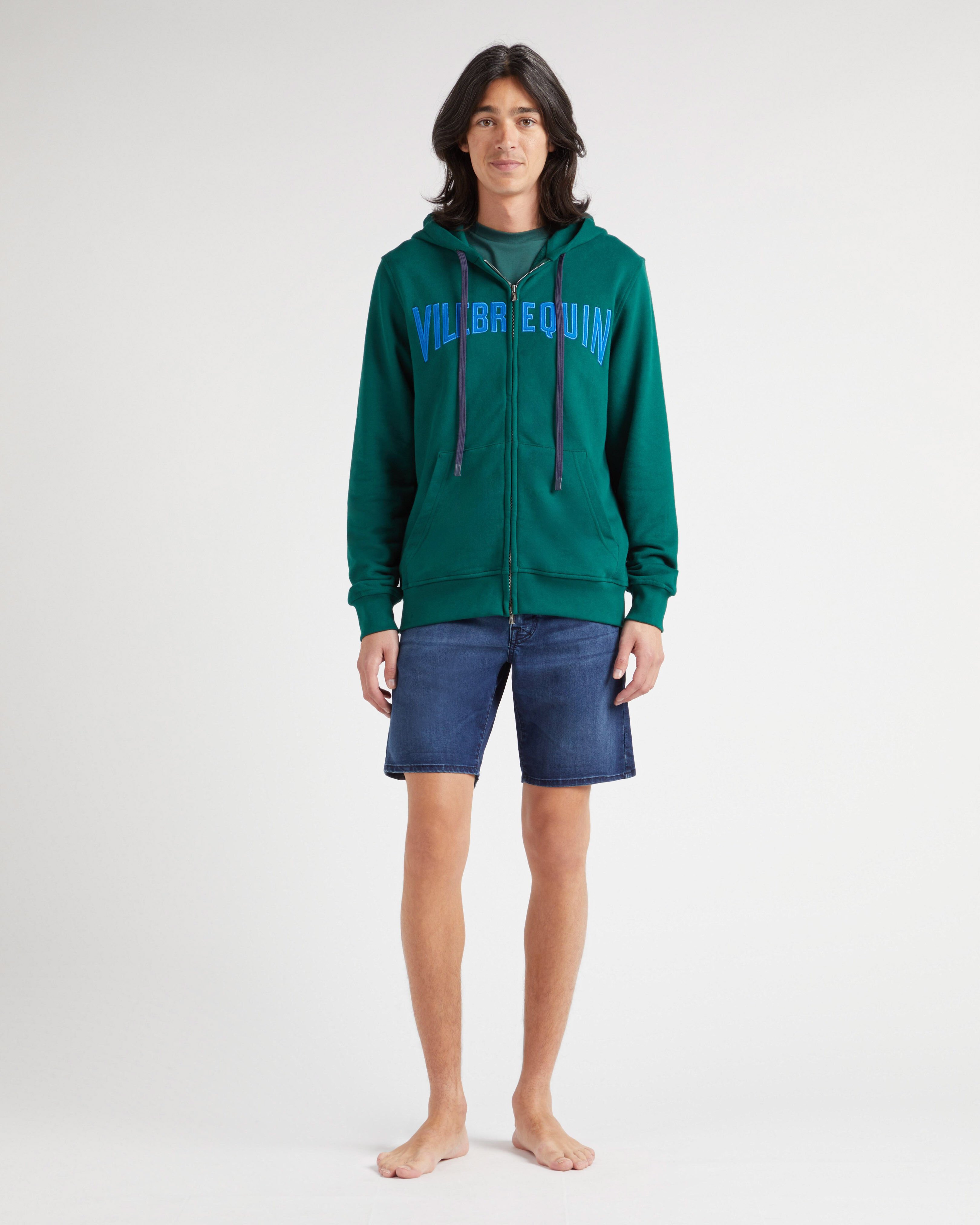Men Cotton Full Zip Hoodie Sweatshirt Stitched Logo IVY frontworn view