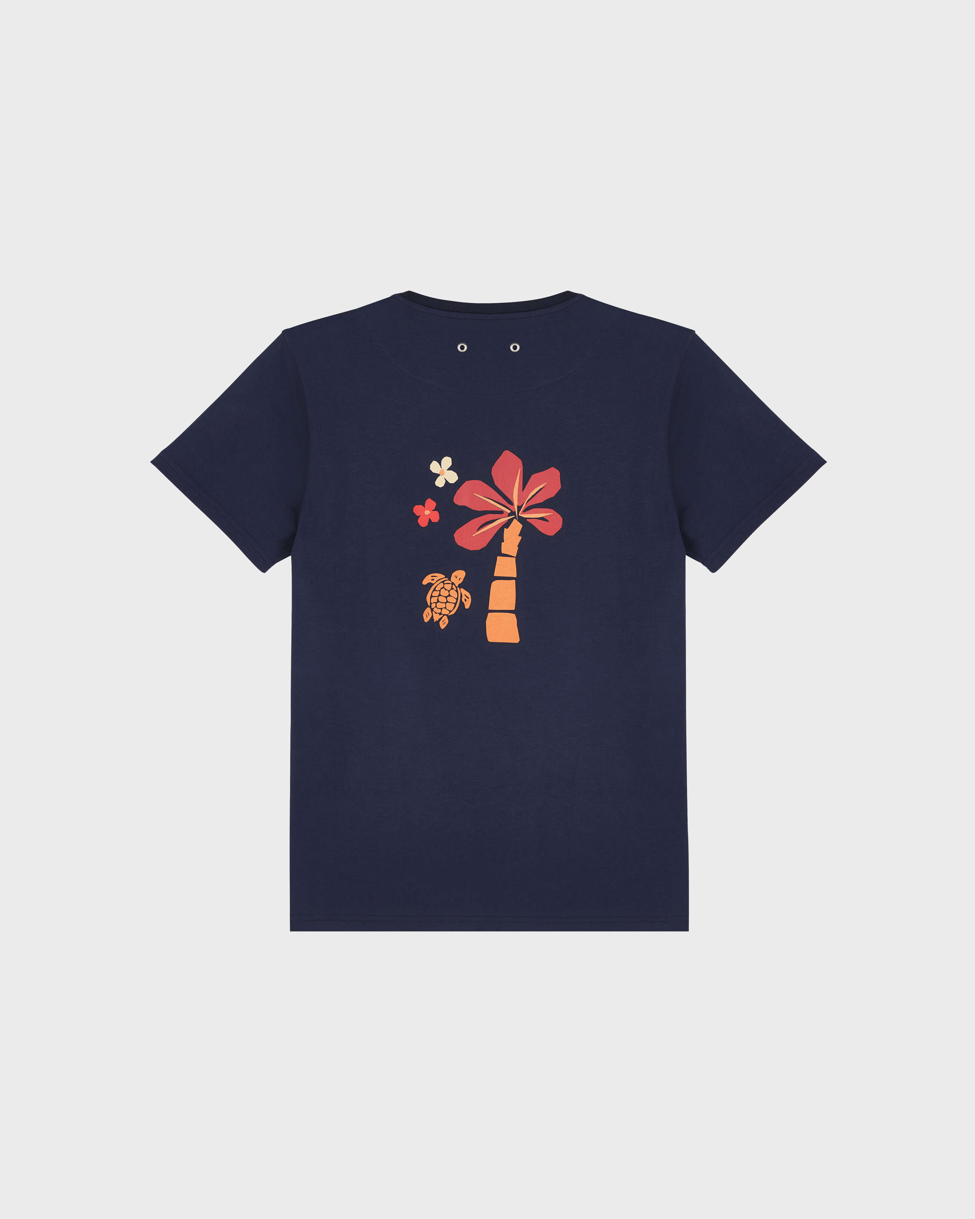 T-shirt uomo in cotone biologico con stampa Turtles Monoi sul retro BLU MARINE back view
