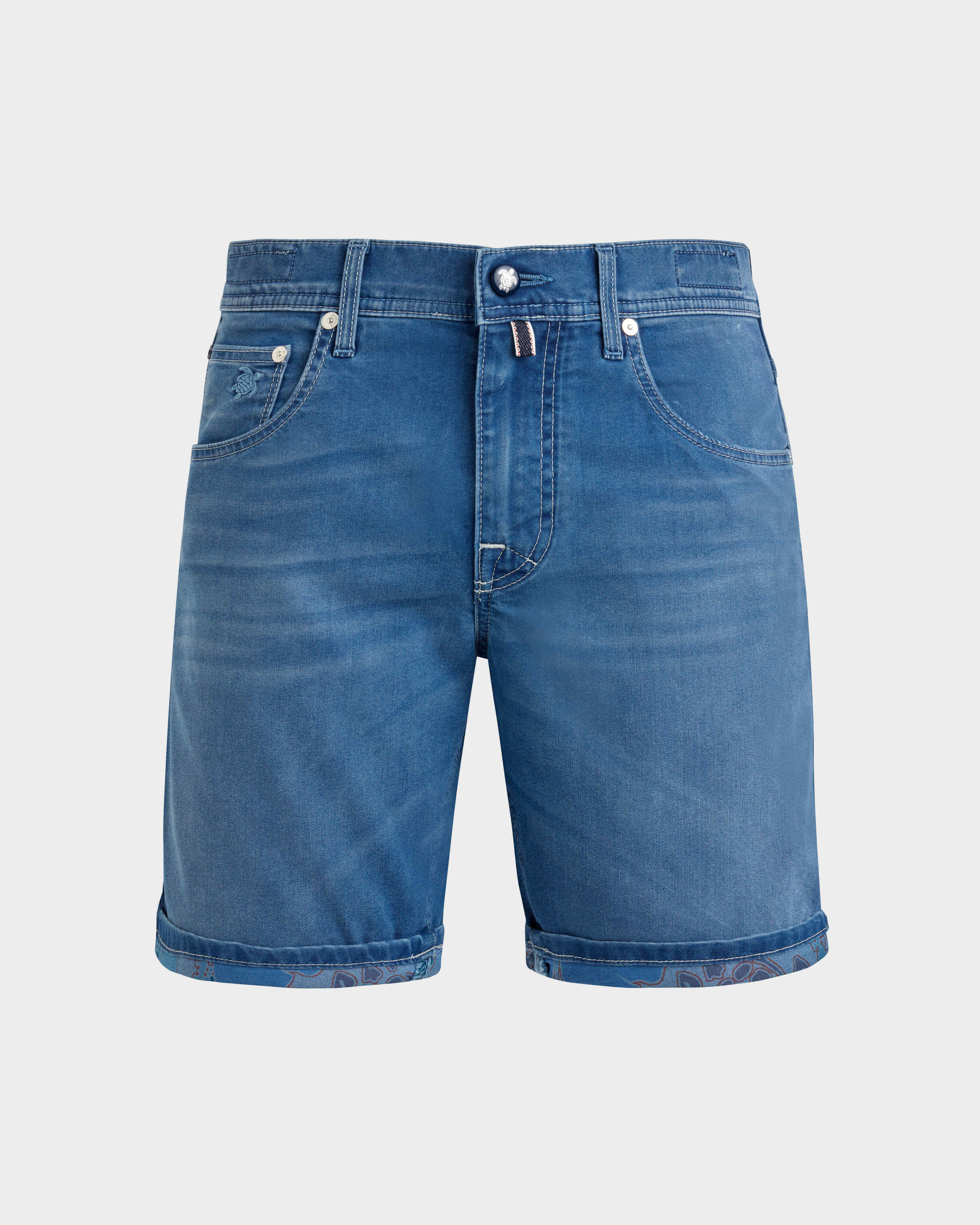 Men 5-Pockets Denim Bermuda Shorts Tropical Turtles MED DENIM W2 front view